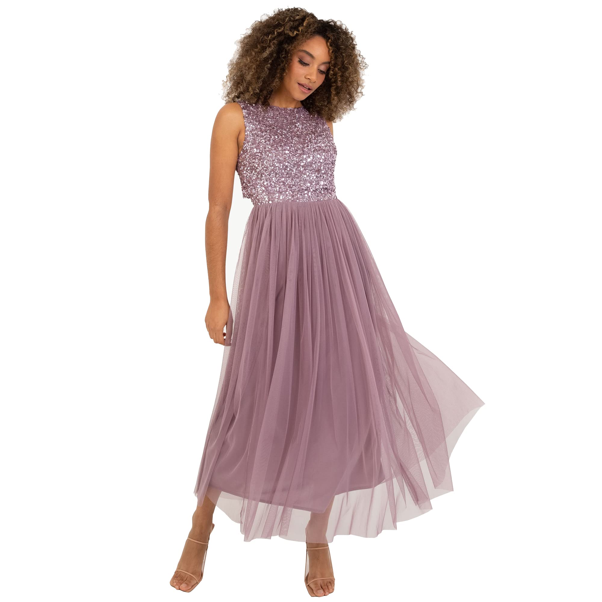 Maya Deluxe Midaxi Dress Women Ladies Sleeveless Sequins High Empire Waist Tulle Embellished For Wedding Guest Ball Vestido de Dama de Honor para Mujer