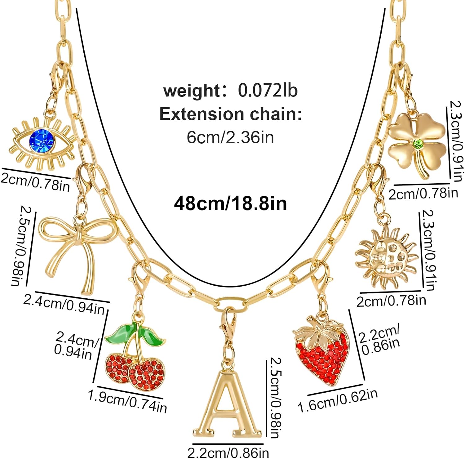Initial Charm Necklace for Women, Evil Eye Four-Leaf Clover Sun Bow Cherry Strawberry Removable Charms Necklace Paper Clip Chain Choker, Trendy Jewelry Birthday Christmas Gifts for Her (Letter A ) - Image 3