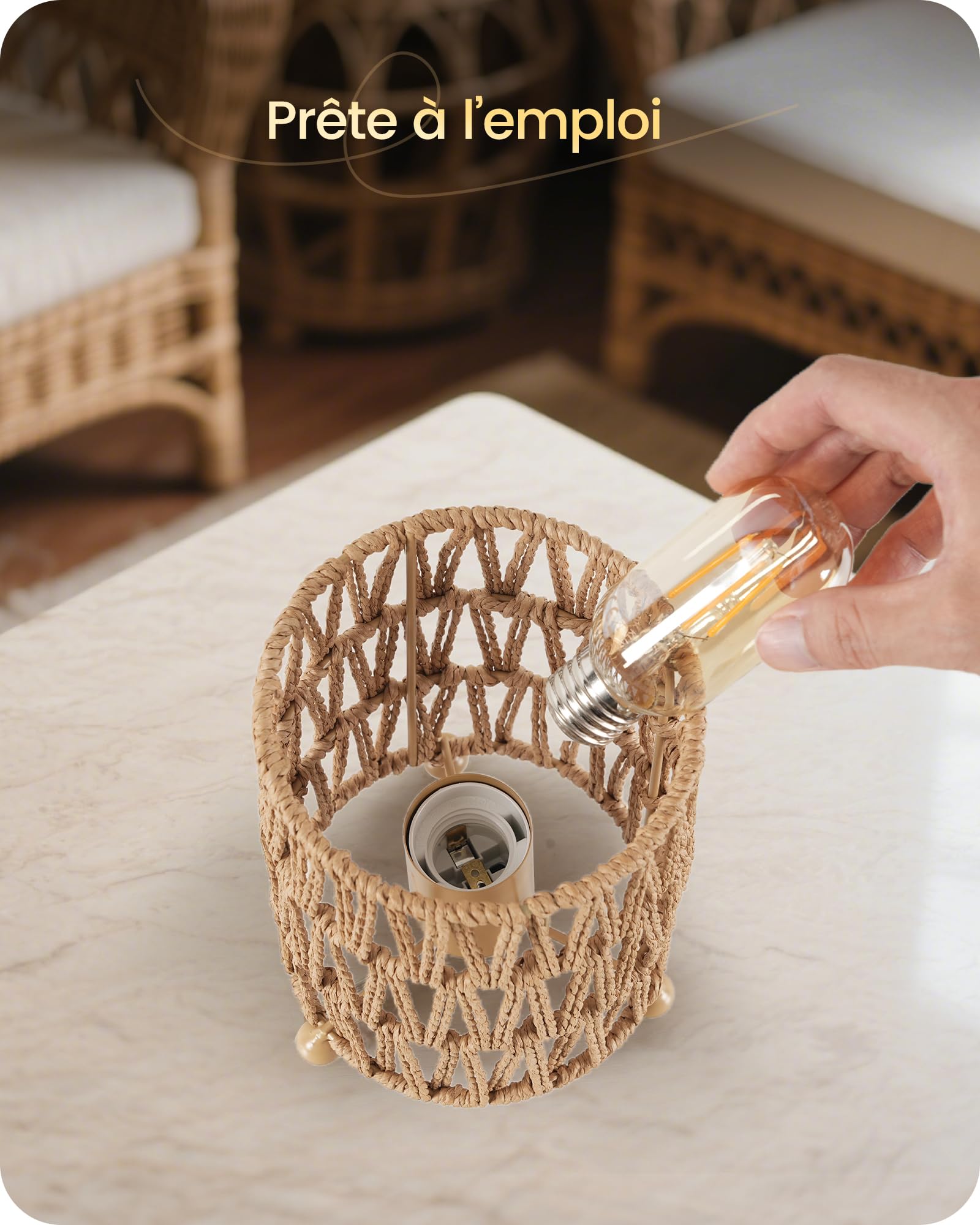 Lot de 2 lampes de chevet boheme rotin, pour chambre | ampoule LED 4W 2400K Incluse, abat-jour en papier rotin avec fils, lampe de table pour salon, bureau