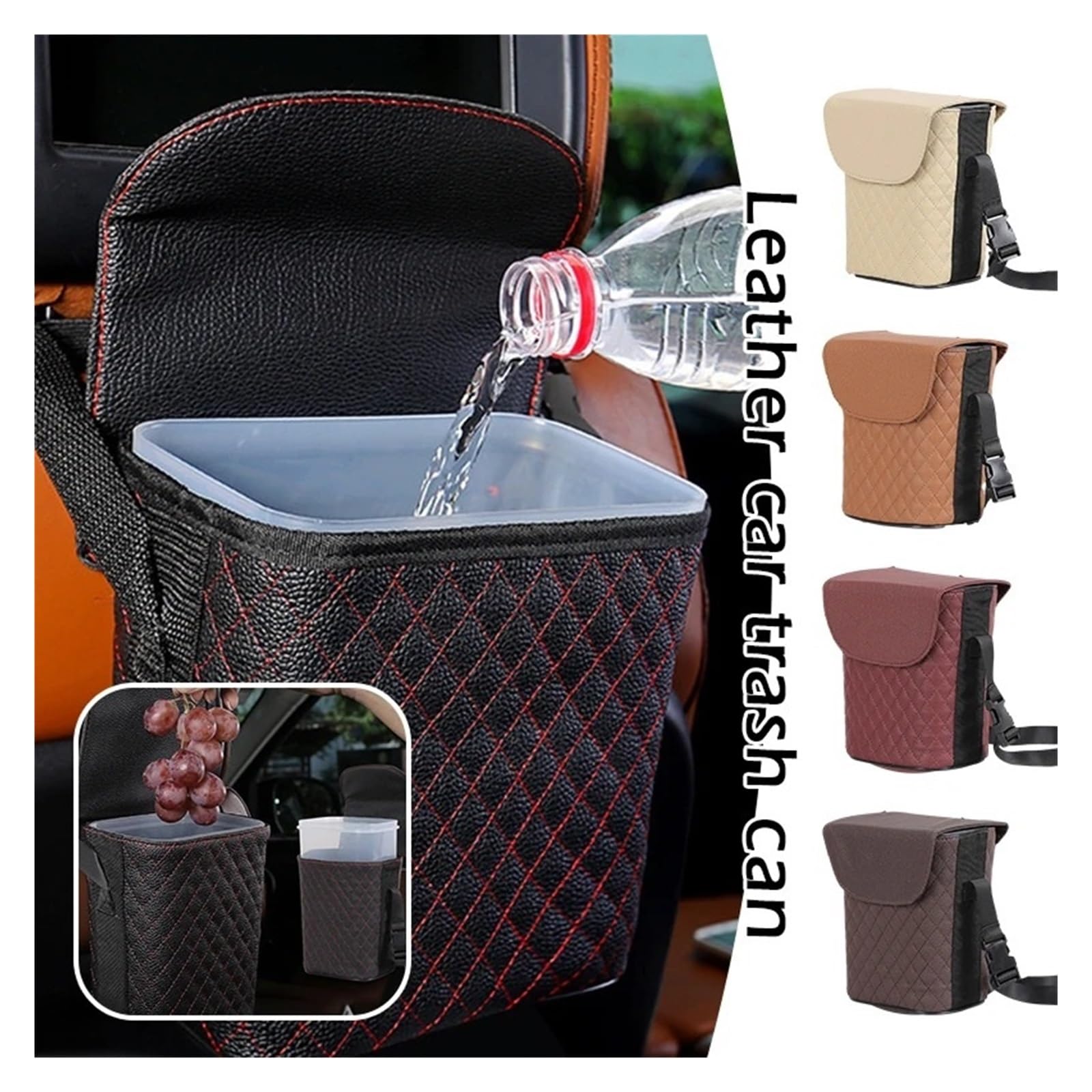 Auto Mülleimer Wasserdichter PU-Leder-Auto-Mülleimer Auto-Zubehör Hängende Organizer-Box Integrierter Abnehmbarer Kunststoffeimer Fahrzeug Mülleimers(13x17cm 2)