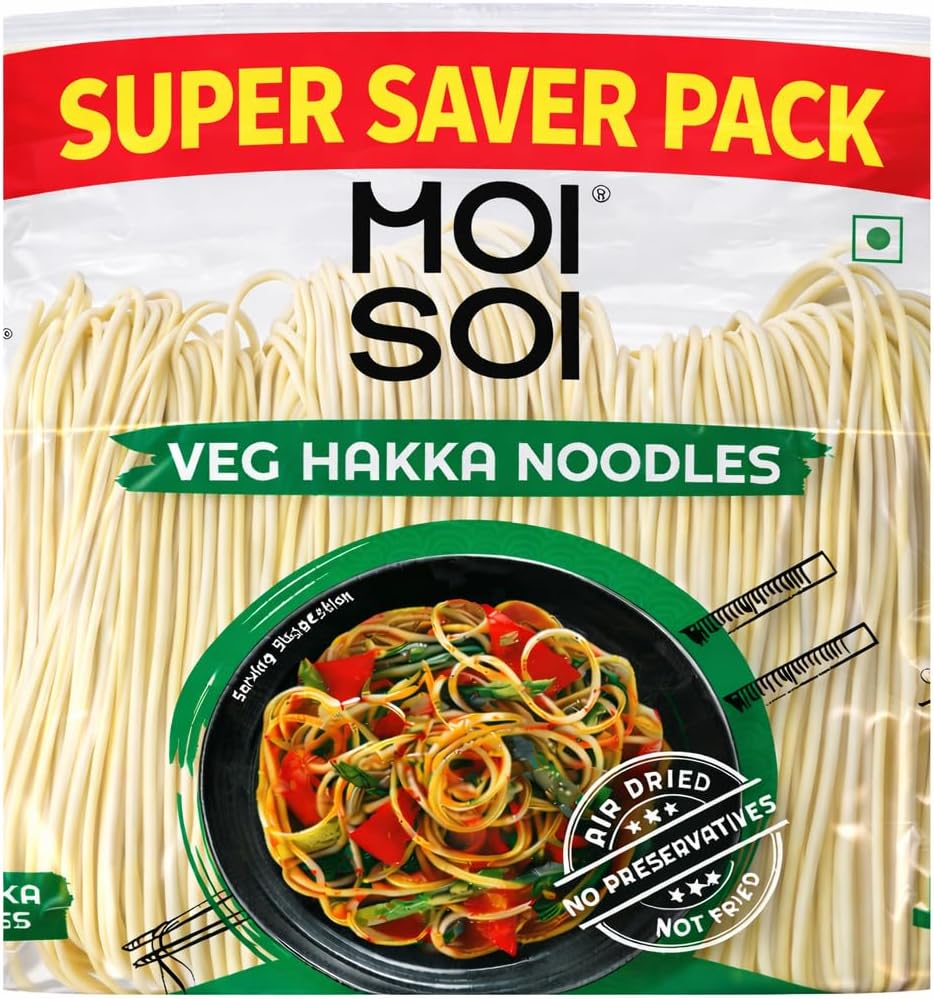MOI SOI® - Veg Hakka Noodles - Extra Long & Extra Soft - Air Dried, Not Fried & No Palm Oil - Zero Preservatives & 100% Natural - Just Boil - Ready in 5 mins - Serves 8-500g