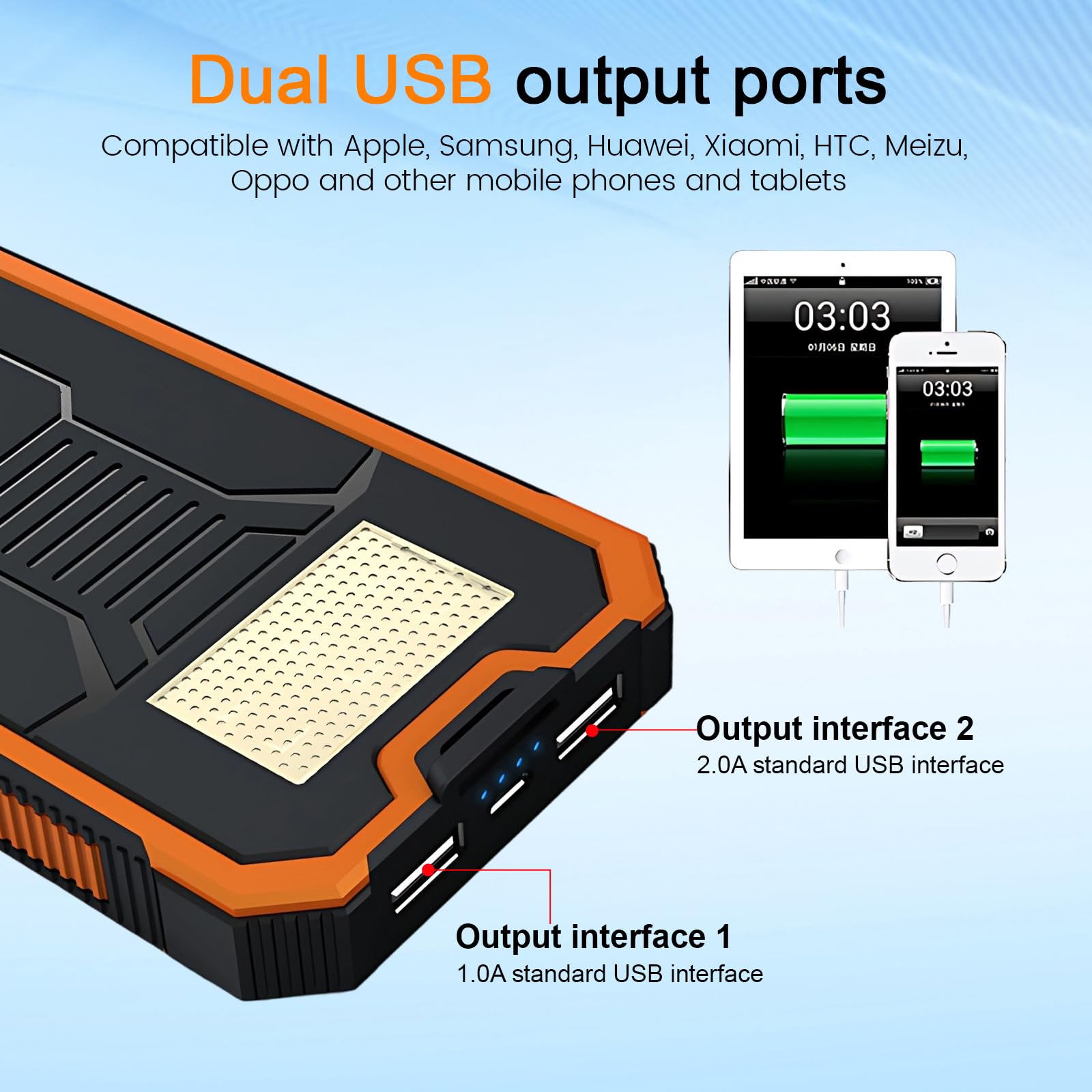 Chargeur Solaire 20000mAh avec Deux Ports USB et Lumière LED,Téléphone Solaire Powerbank Portable pour Smartphones, Tablette, Outdoor Camping