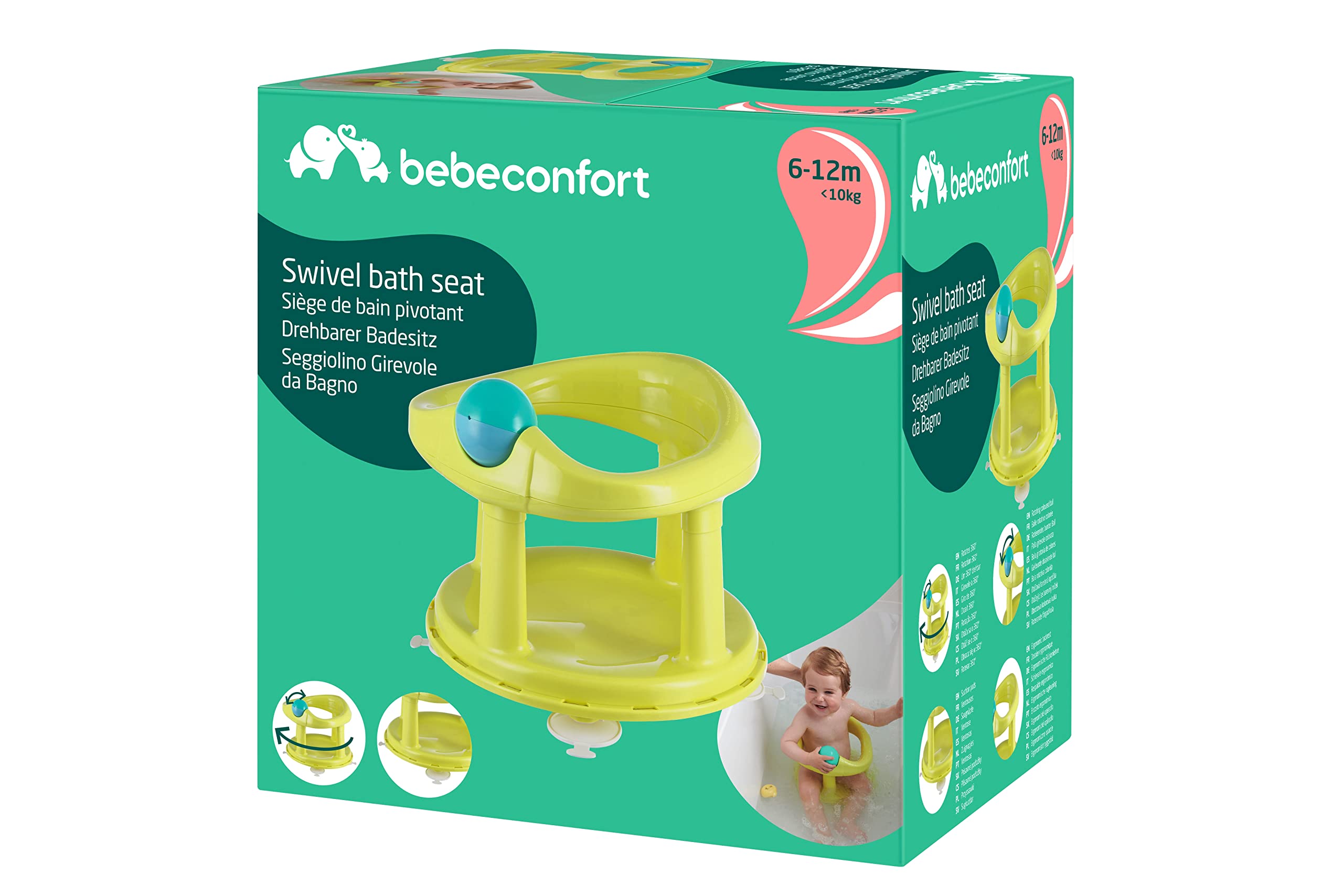 Bebeconfort Seggiolino Girevole Bagnetto neonato per Vasca da Bagno e Doccia, Seggiolino da bagno per bambini fino a 10 kg, Girello per il Bagnetto, Seduta ergonomica, Ventose di Sicurezza, Lime