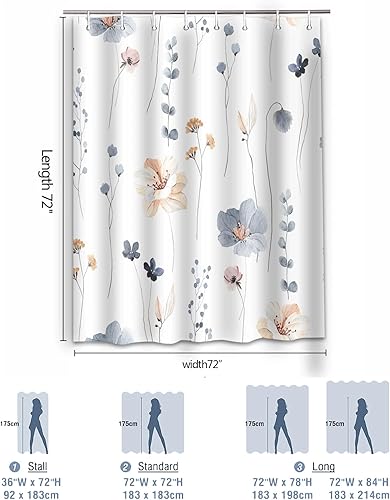 Miniatura 2 de Juego de cortinas de ducha  Cortina de baño floral con flores azules y beige, cortina de ducha para baño, juego de cortina de ducha de tela