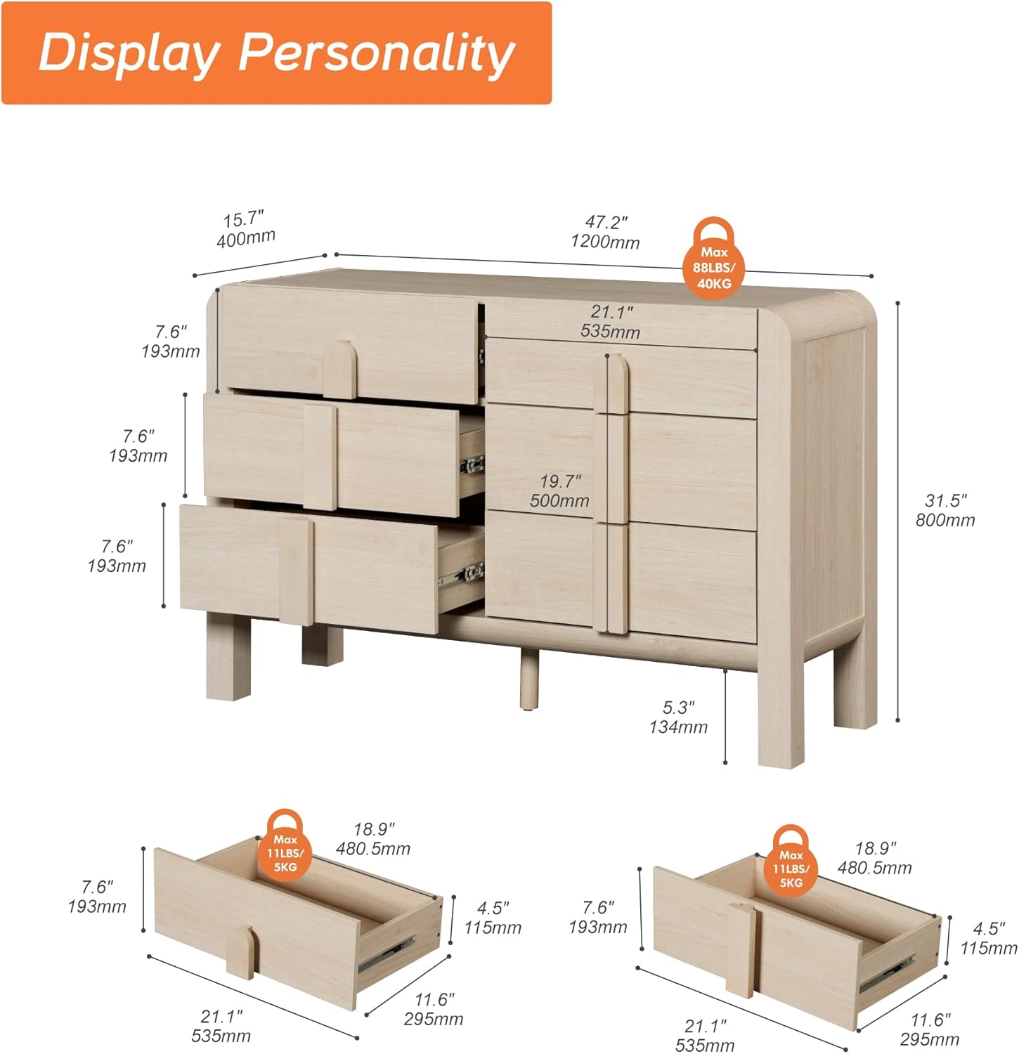 Detailed diagram showing the dimensions of the WAMPAT Modern Dresser TV Stand, including width, depth, and height.