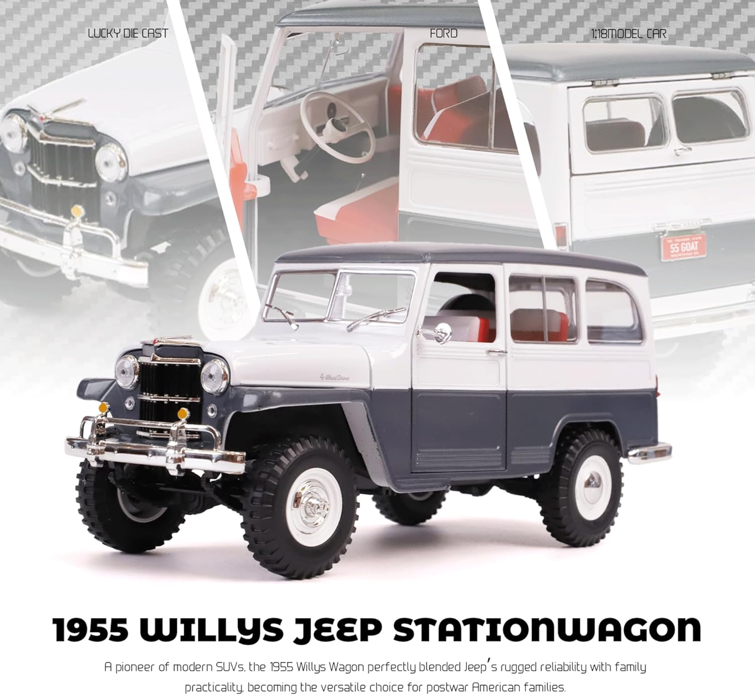 1955 Willys Jeep 1/18 Scale Die-Cast Metal Model Alloy Collectible Cars with Display Case, with Opening Doors, for Men and Teens Dad 14+ Year