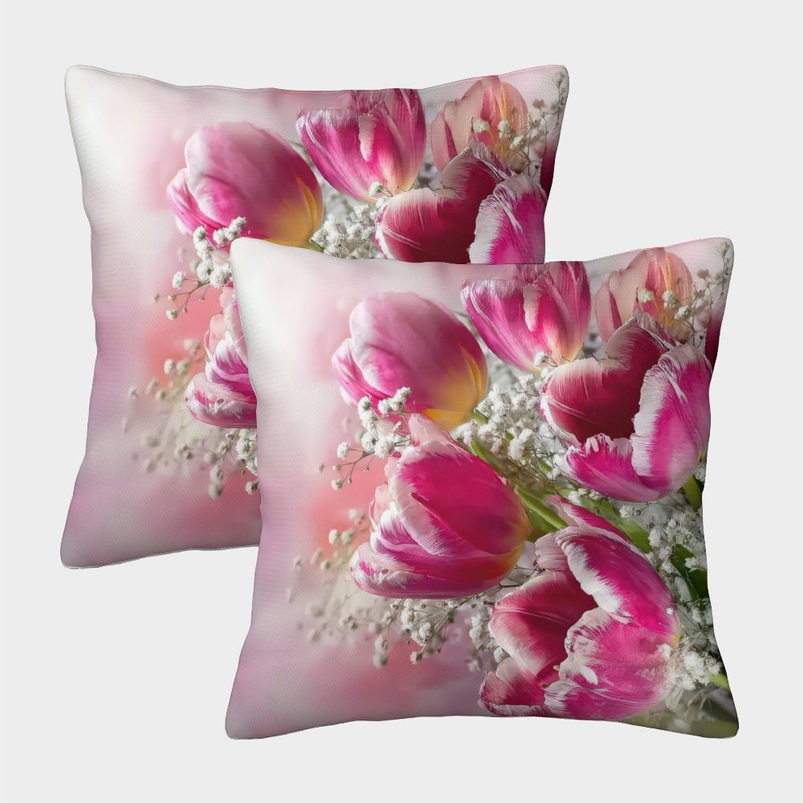 FELASBUID Pink Tulips—Floral Bouquet Style Pillow Covers 2 Pack Cozy Pillowcase Cushion Covers Zippered Decor Sofa for Living Room Bedroom 45x45cm