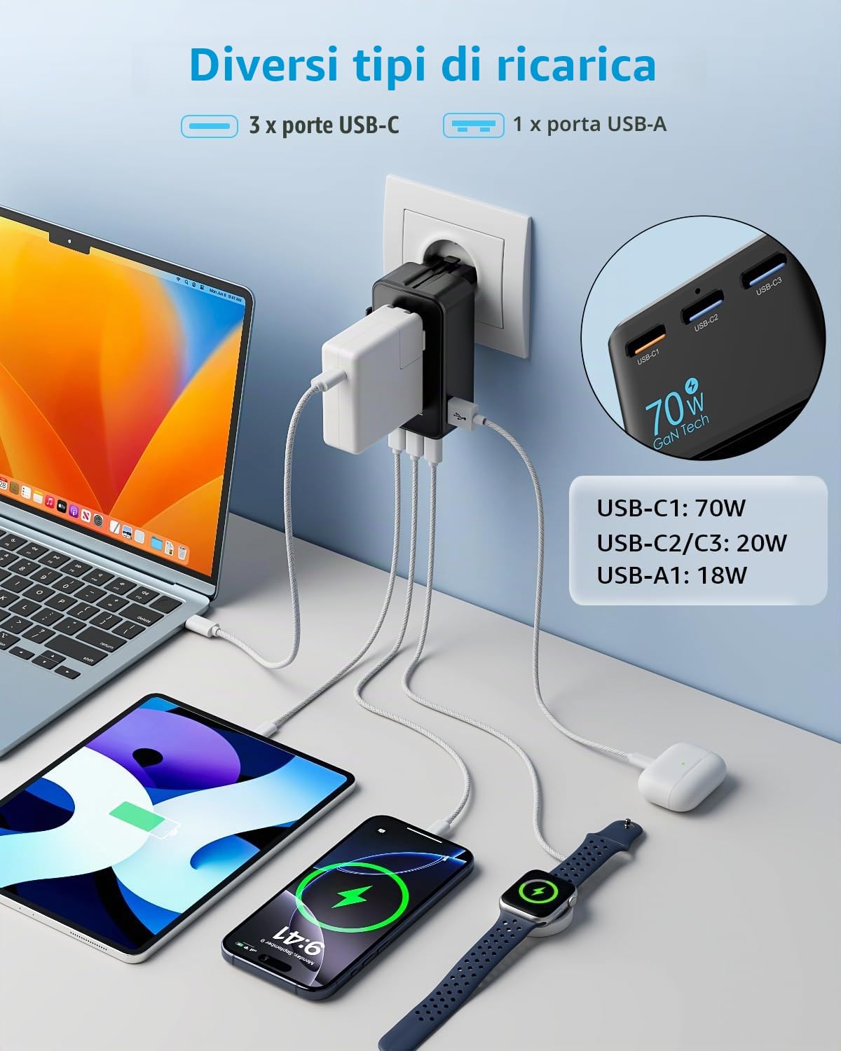 “Air” Adattatore Universale da Viaggio con 3 USB-C(GaN 70W)＆ 1 USB-A | Presa Universale da Viaggio, NON è Un Convertitore di Tensione, per UE/Regno Unito/Stati Uniti/Australia e 200+ Paesi(nero)