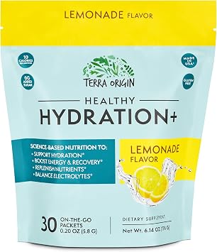 TERRA ORIGIN Healthy Hydration+ Electrolyte Powder Packets | Sugar Free, Gluten Free Drink Mix | Lemonade | 30 Servings 1-Pack