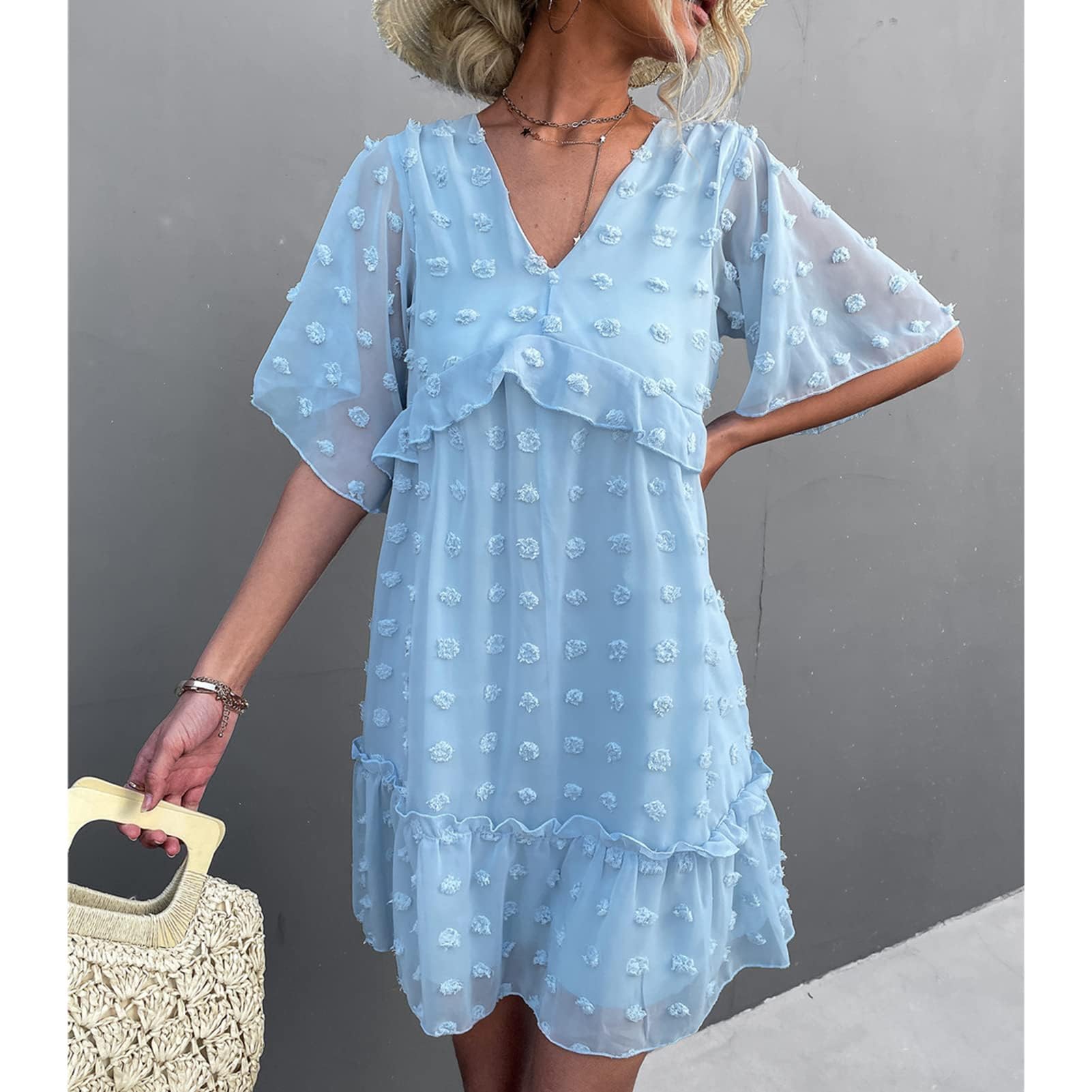 Abito da Donna Allentato con Scollo a V, Elegante Abito a Maniche Corte con Cuciture in Pizzo a Strati Abito Allentato in Stile Casual per Abbigliamento Estivo, Abito Estivo a Pois con(M-Azzurro)