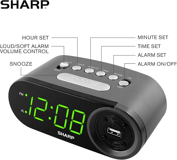 Sharp Digital Alarm Clock with 2A USB Charging and Green LED Display