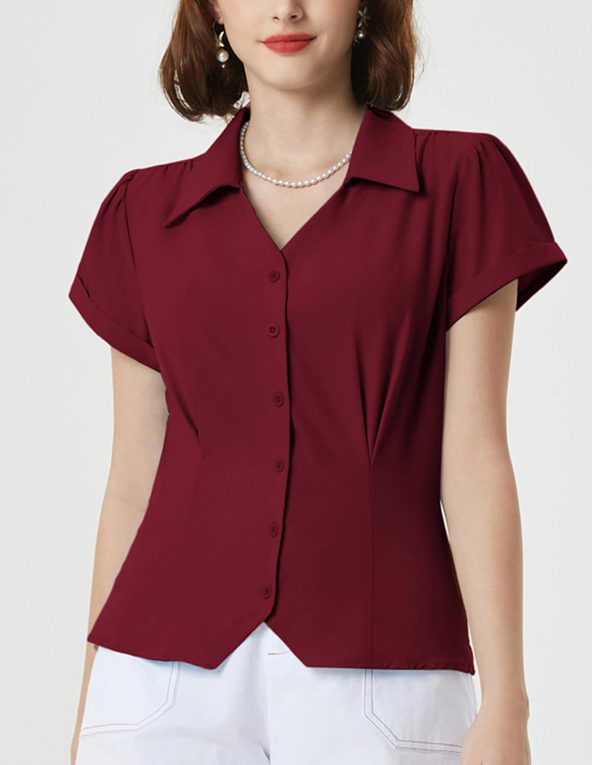 Belle Poque Women Short Sleeve Button Down Shirts Vintage Shirts Business Casual Dressy Blouse Tops - Image 4