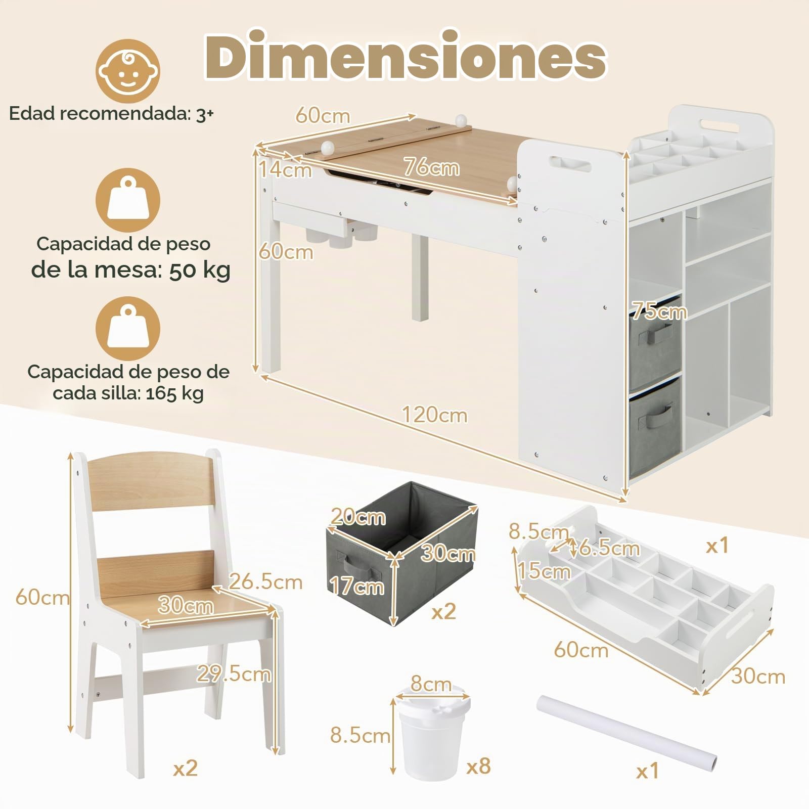 GOPLUS Mesa de Arte 2 en 1 con 2 Sillas, Juego de Sillas para Niños con Tablero de Mesa Plegable, Portarrollos de Papel, Barras de Presión y Estantes, Juego de Muebles Infantil (Natural)