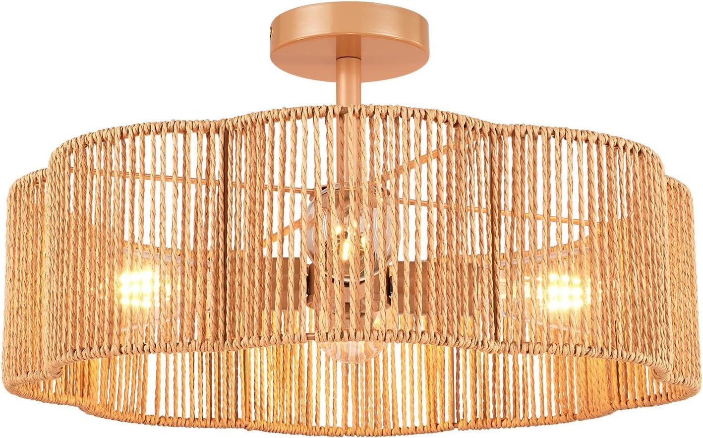 Hamilyeah 20 inch Boho Scalloped Flush Mount Ceiling Light Fixture with Rattan Shade, Gold Woven Light Fixture Ceiling Mount with 4 Light for Living Room, Bedroom, Kitchen