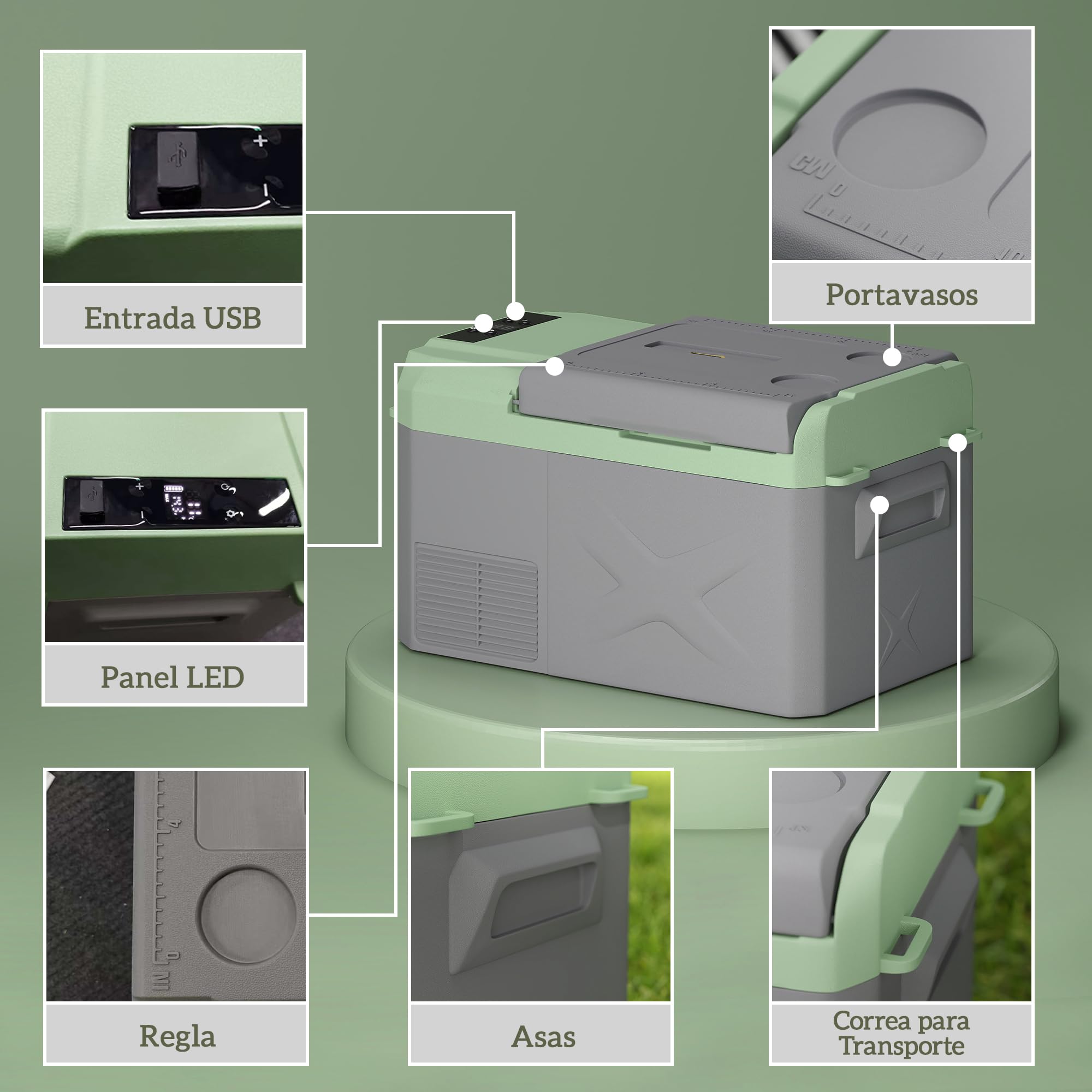 Outsunny Nevera Portátil Eléctrica 17,4L Refrigerador de Coche 12/24/220V con Compresor Luz LED Pantalla Digital Modos ECO y MAX de -20℃ a +20 ℃ Puerto USB para Hogar Camping Viajes Automóvil