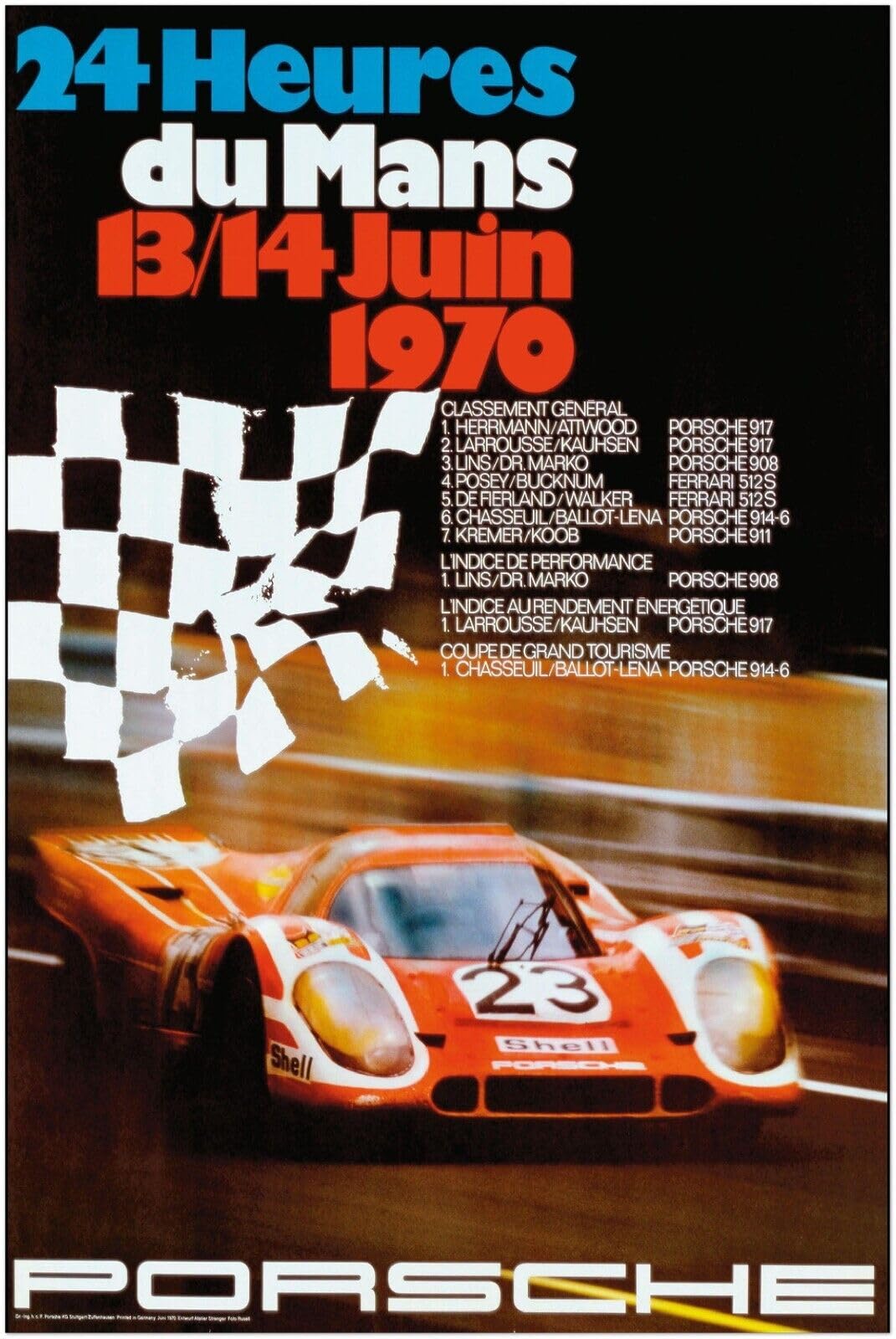 24 Heures Le Mans - 1970 - Vintage Porsche Auto Racing Poster-12 x 18 Inches