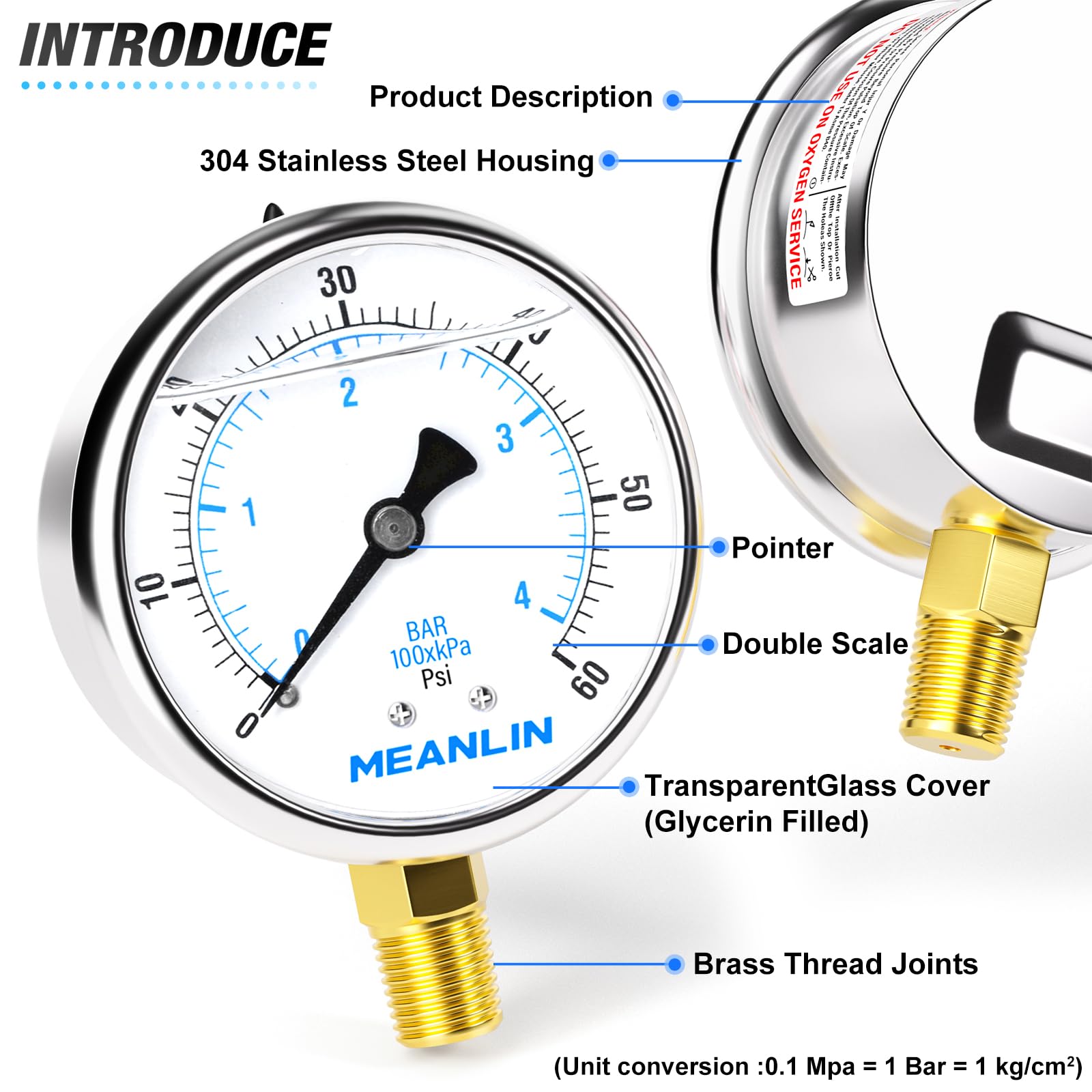 MEANLIN MEASURE 0~4Bar/0~60Psi Manomètre à Remplissage