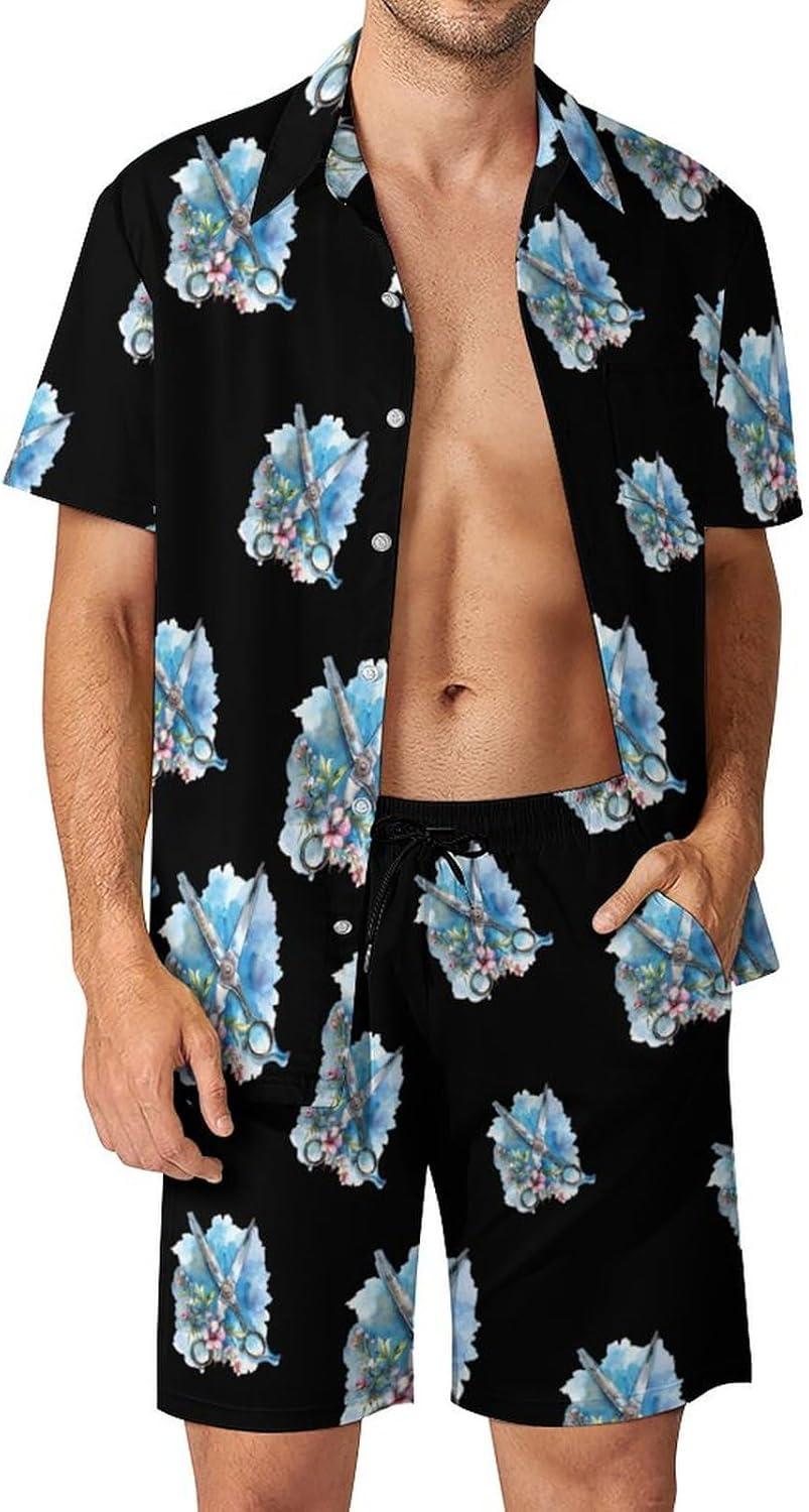 Haircut Flowers Watercolor Men's Summer Beach Outfits Shirt And Shorts Set 2 Piece Vacation Swimwear