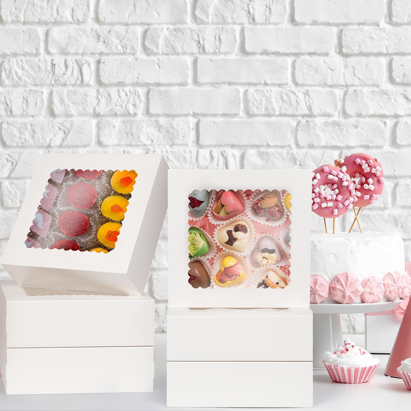 24 Cajas para Tartas Blancas con Ventana, 20,4 x 20,4 x 6,4 cm Cajas Para Cupcakes, Cartón Alimentario, Caja de Pastelería para Galletas, Magdalenas, Postres, Navidad, Cumpleaños, Bodas