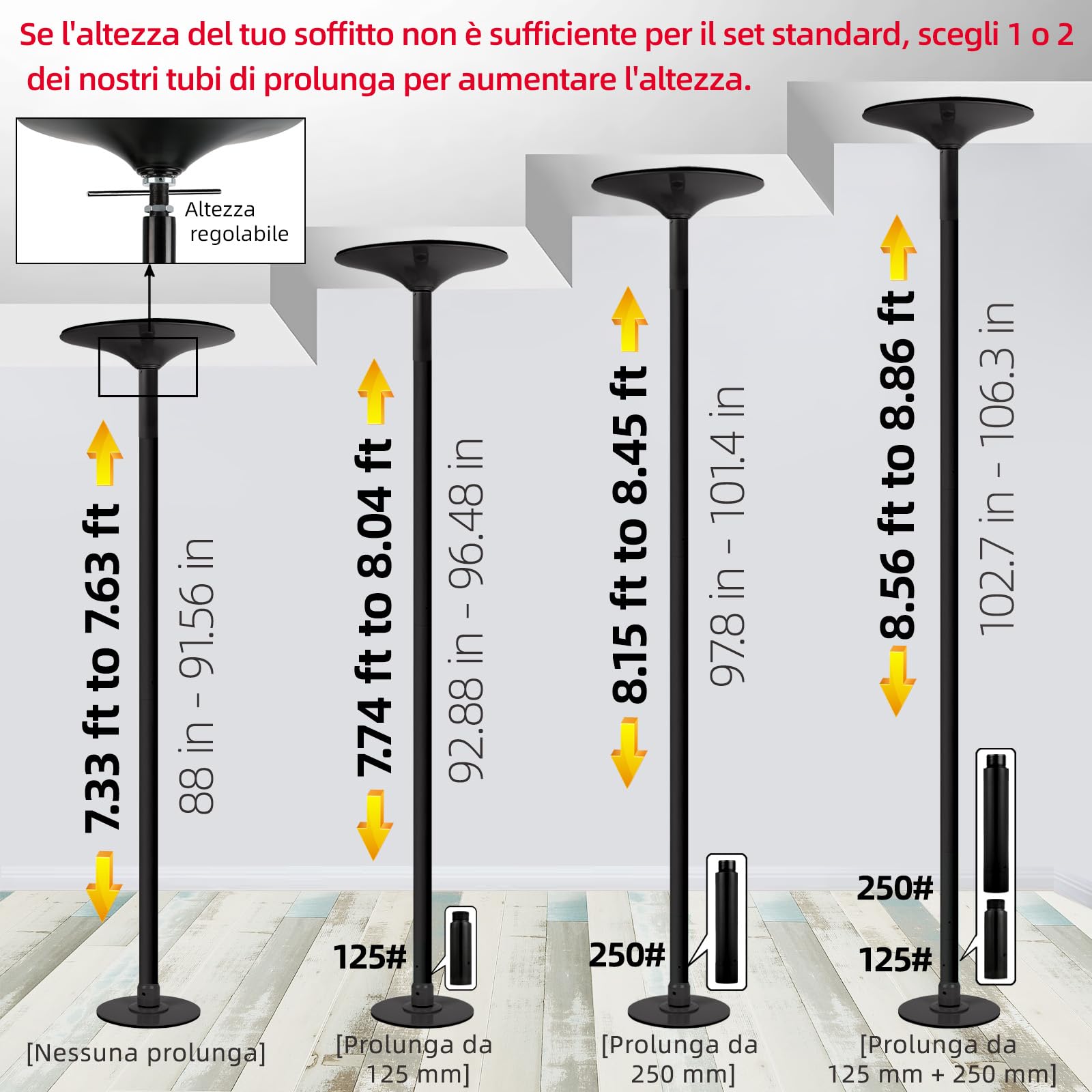 PRIOR FITNESS Palo de baile premium de 45 mm, modo estático y giratorio, altura ajustable de 223,5 cm a 274,5 cm, para gimnasio, fiesta y estudio