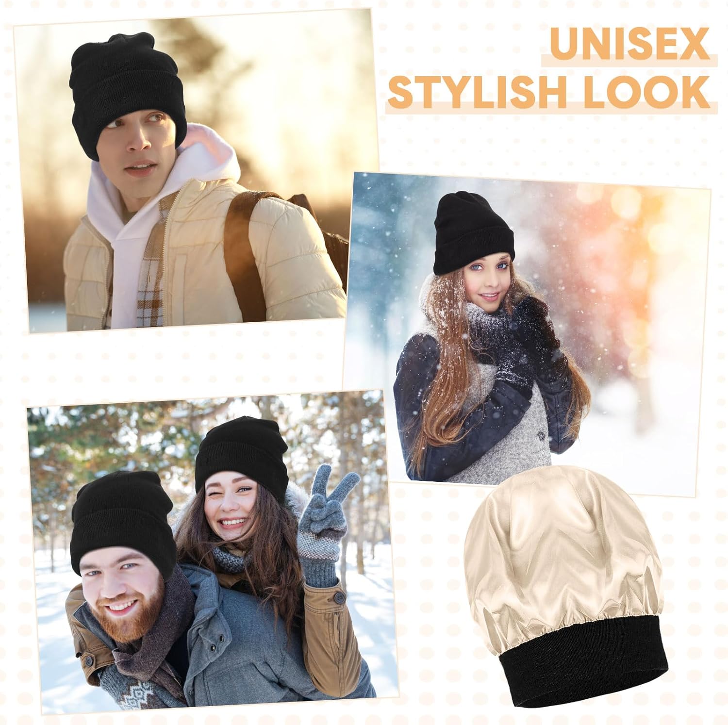 9 Pcs Satin Lined Winter Beanies Silk Lining Hats Acrylic Knitted Watch Hat Slouchy Beanie Caps Soft Warm