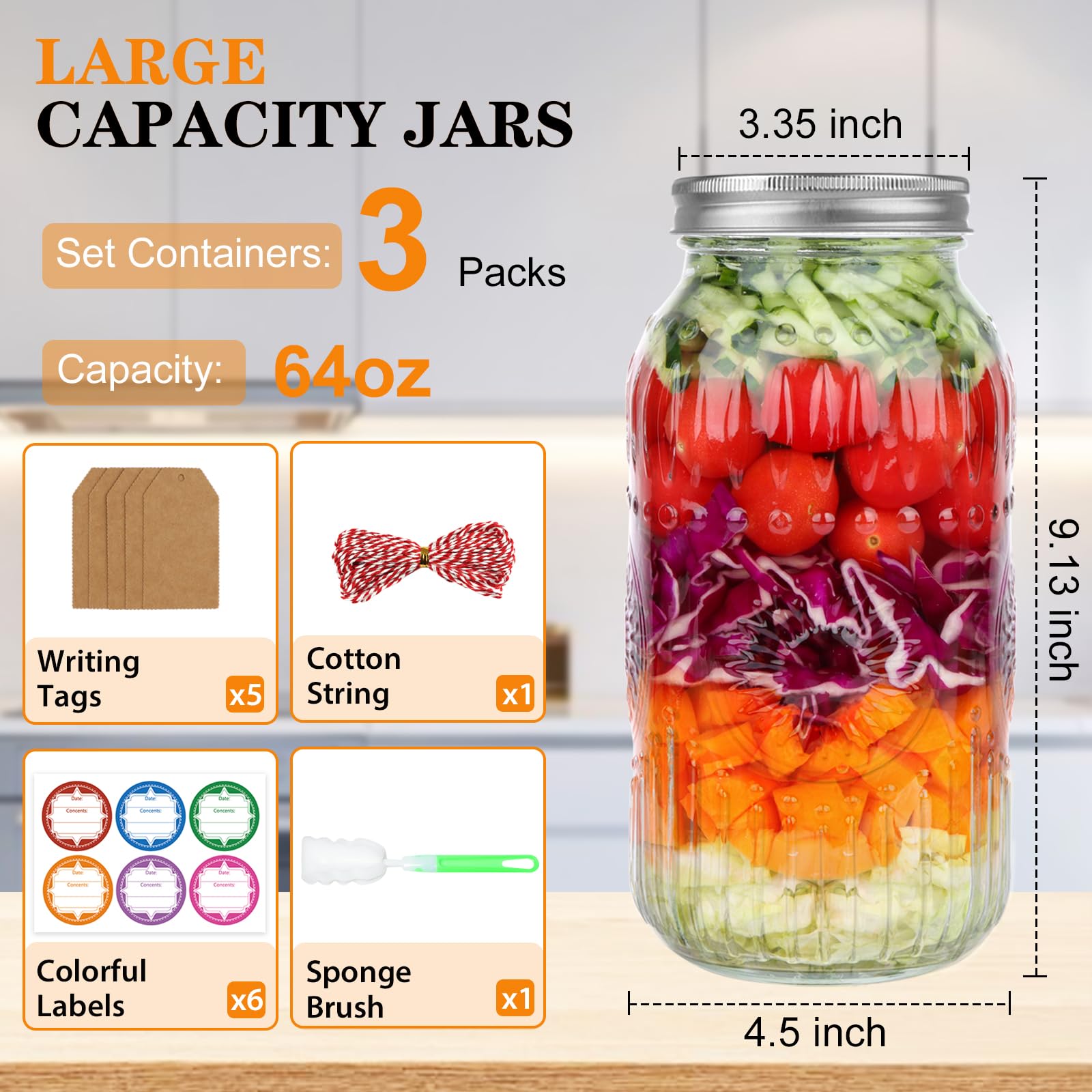 HINGWAH Mason Jars - 64oz 3 Pack -2
