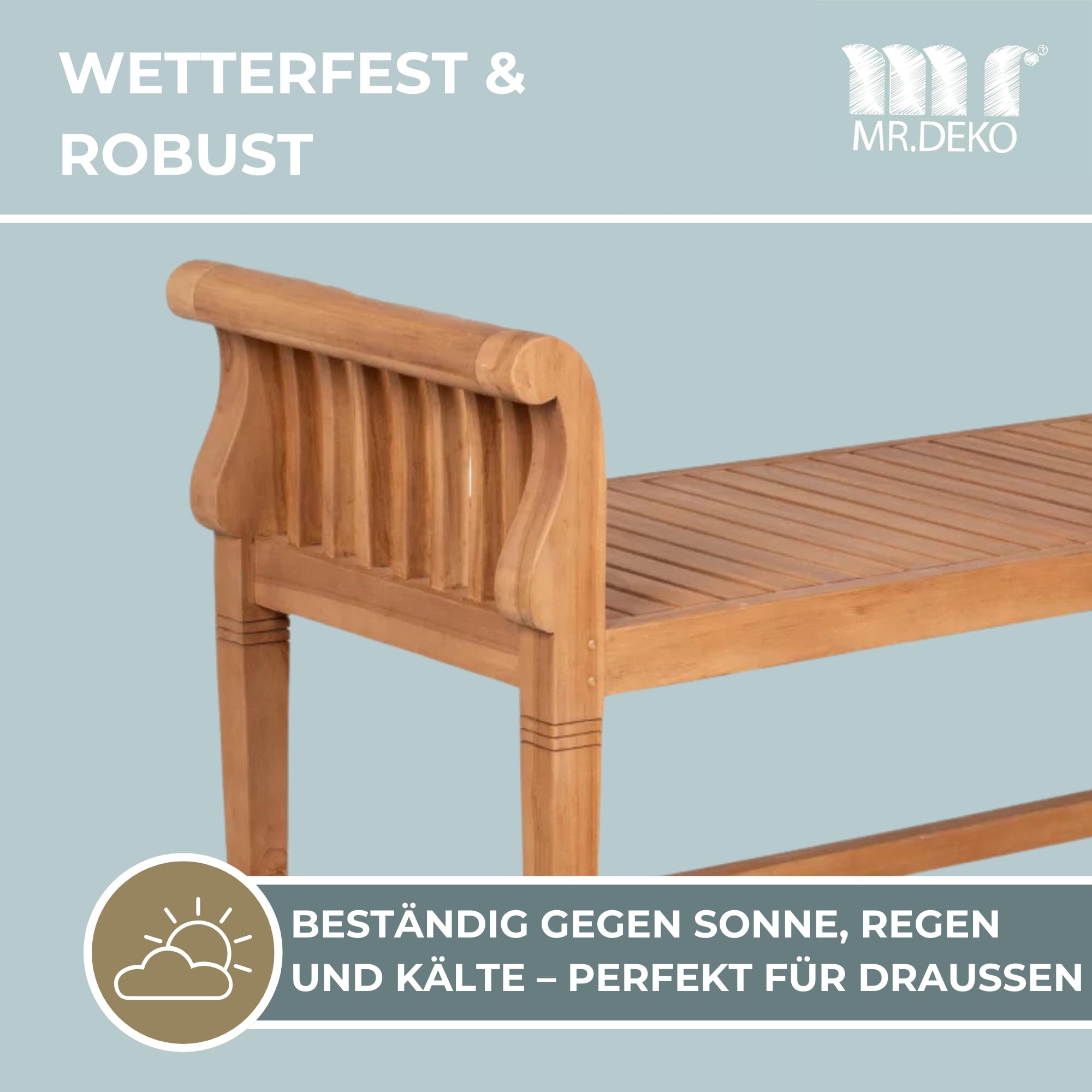MR. DEKO Gartenbank 2-Sitzer Wigan 130cm Balkon Sitzbank-wetterfest | Holz Bank ohne Rückenlehne
