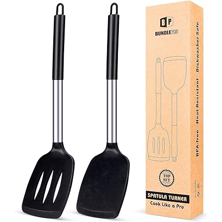 Pack of 2 Silicone Solid Turner,Non Stick Slotted Kitchen Spatulas,High Heat Resistant BPA Free Cooking Utensils,Ideal Cookware for Fish,Eggs,Pancakes (Black)