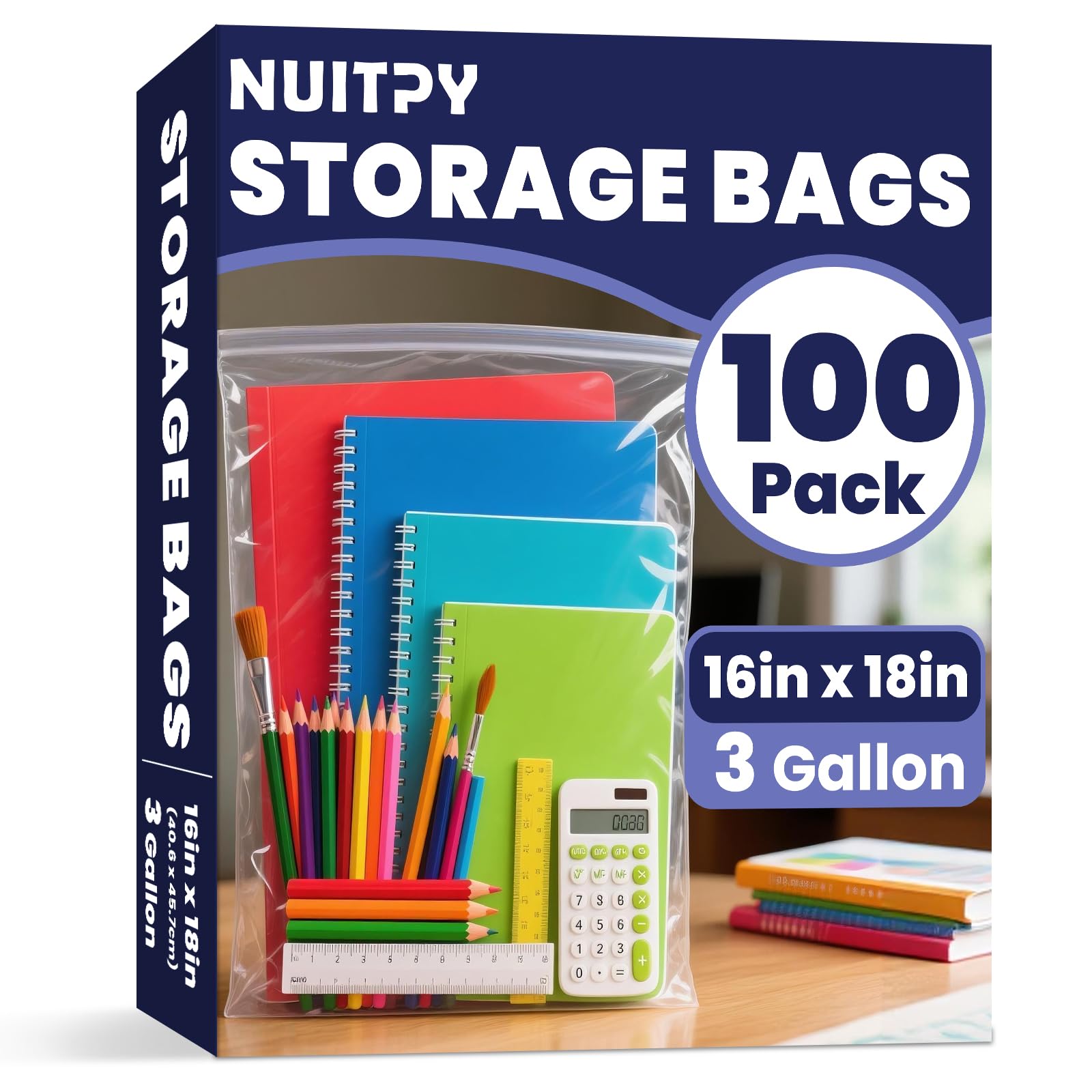 Photo 1 of 100 Pack Large 3 Gallon Storage Bags with Zipper Top, 16 x 18 inch Zipper Bags, Clear Plastic Bag for Storage, Reusable, Sealable Storage Bag for Clothes, Travel & Moving, Double-sided Thickness 4 Mil