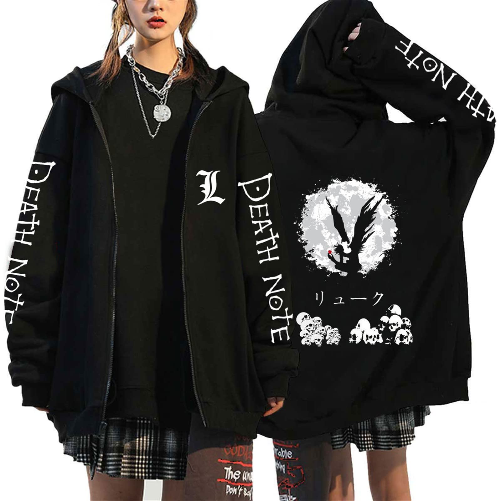 AllMonyba Japanese Anime Death Note Zipper Hoodie Kawaii Harajuku Manga Graphic Zip Up Coat Sweatshirt, XL