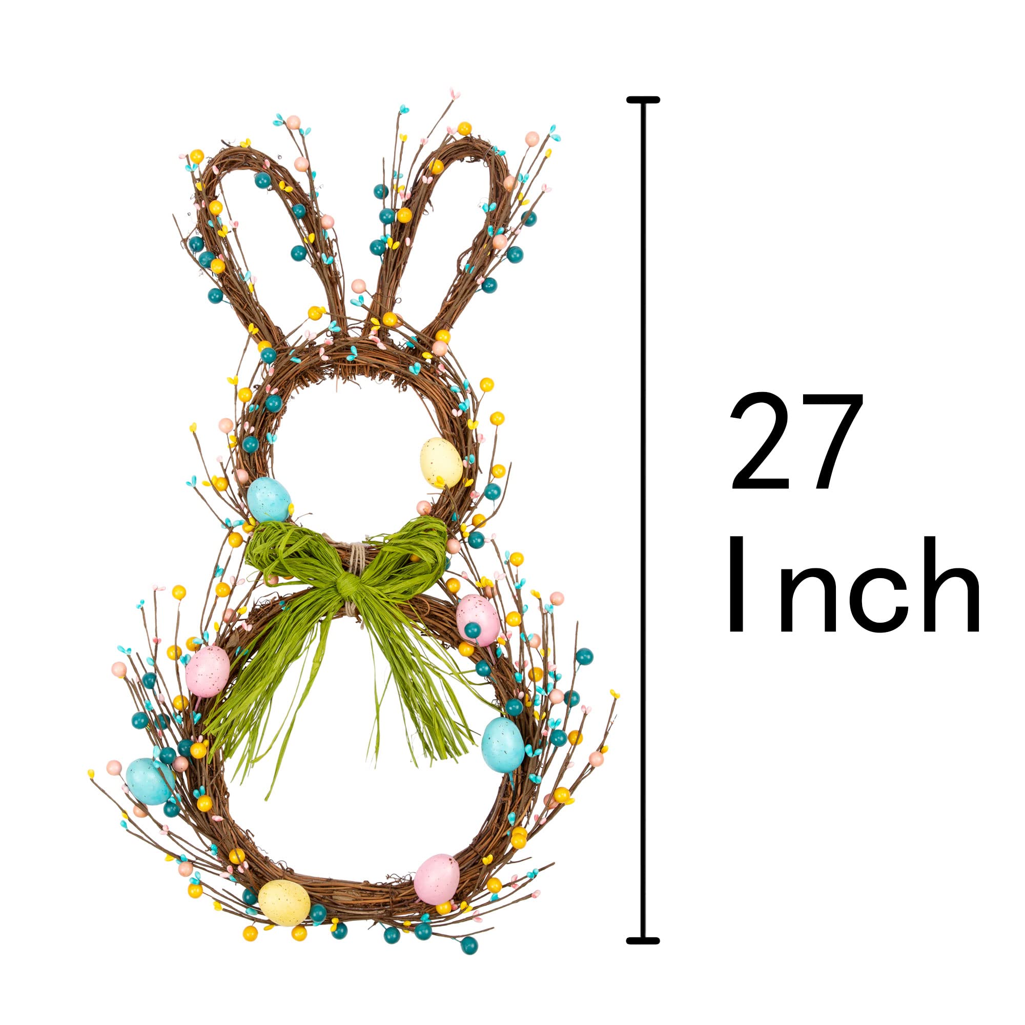 VGIA 27 Inch Artificial Easter Wreath Rabbit Wreath with Pastel Eggs and Mixed Twigs Spring Wreath for Front Door Bunny Wreath with Raffia Bow for Easter Decorations