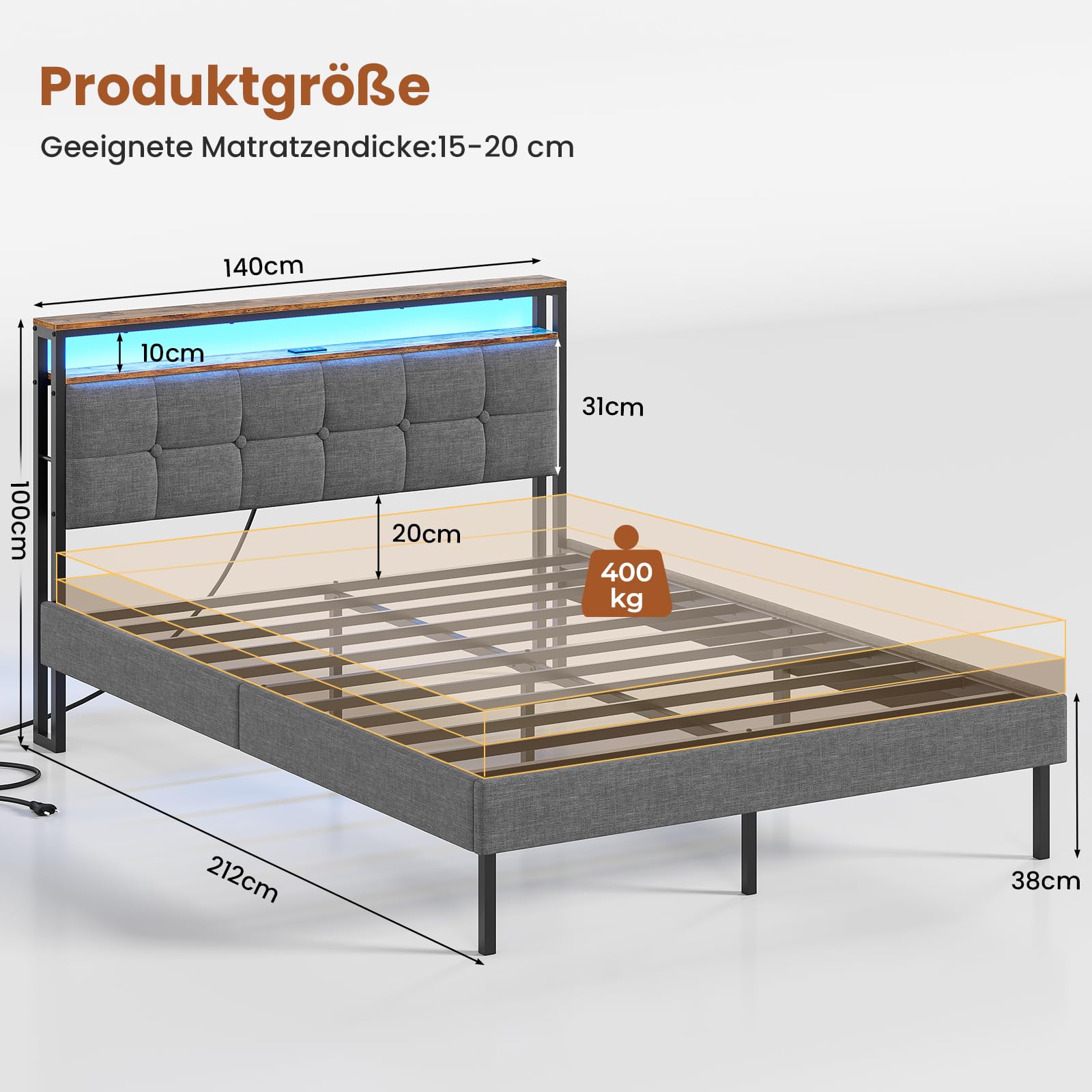 AOGLLATI Letto imbottito 140 x 200 cm con rete a doghe in metallo, struttura del letto con illuminazione a LED e prese Letto doppio con testiera in legno
