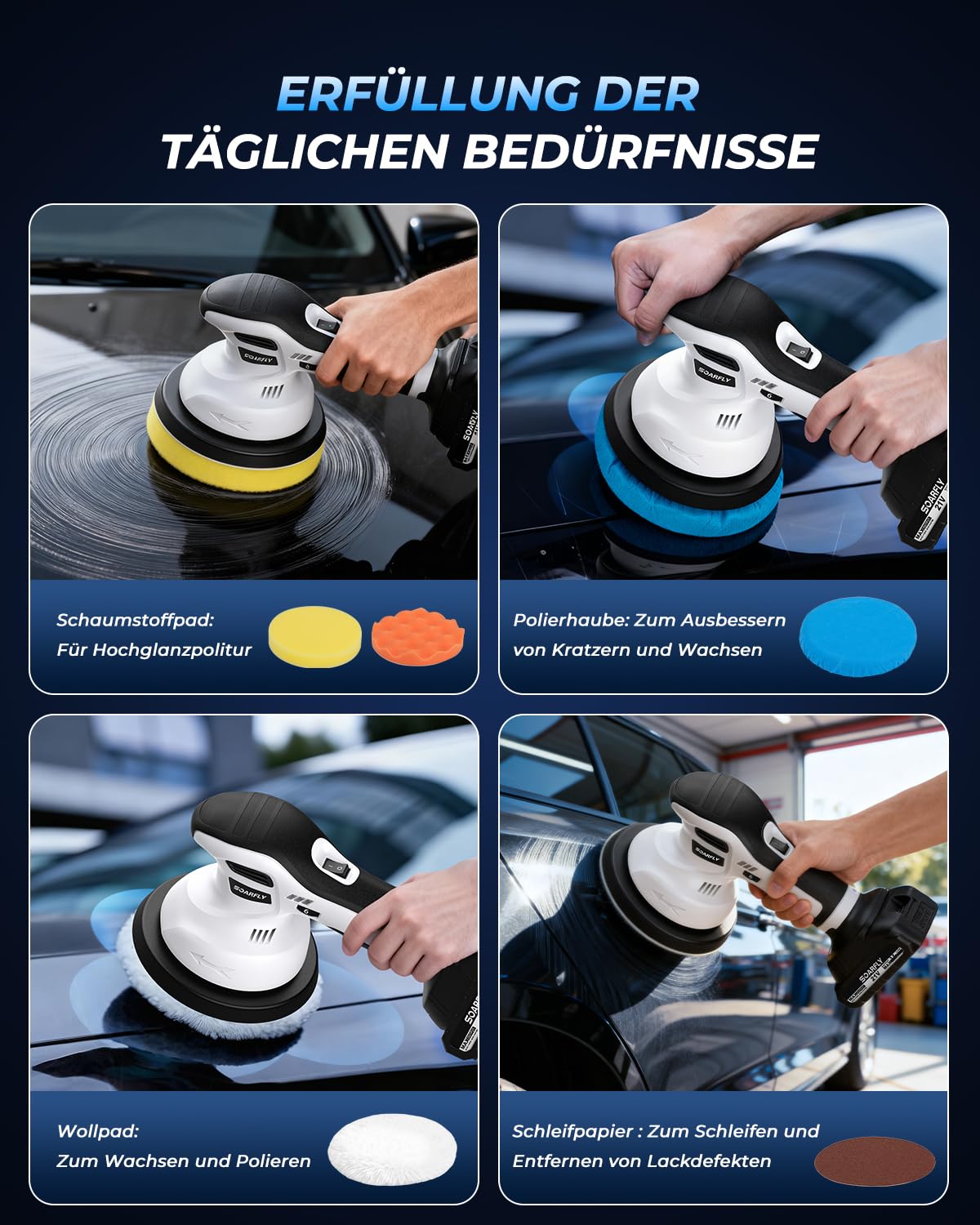 SOARFLY Poliermaschine Auto Akku, Exzenter Poliermaschine Akku mit 2x2.0Ah 21V Batterie, 6 variable Geschwindigkeiten, 3200–6600 U/min, für die Autodetailing, Scheinwerfer Aufbereitung