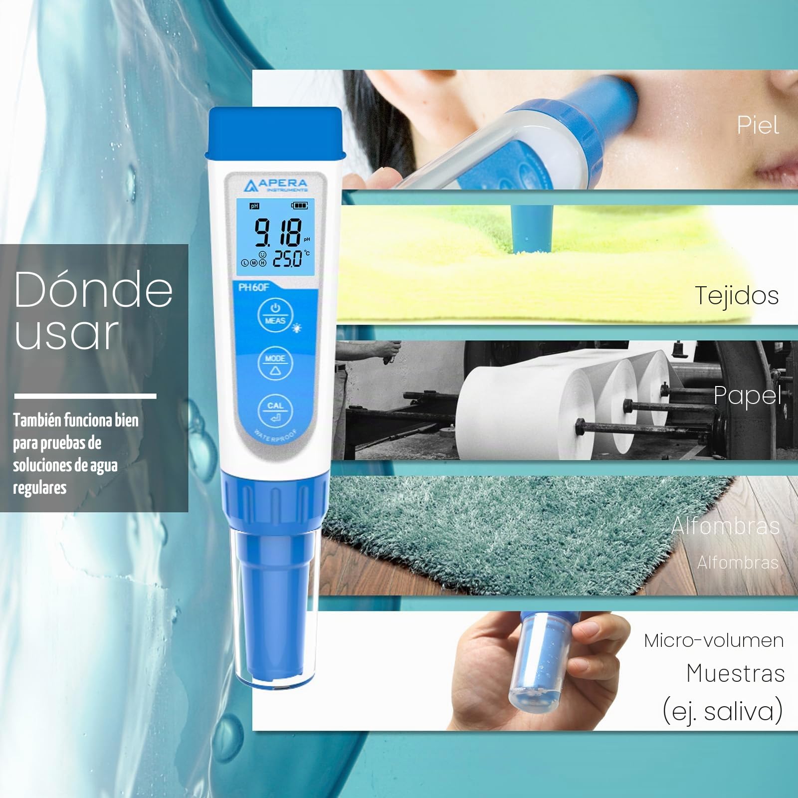 Apera Instruments PH60F, probador de bolsillo, sensor plano, 20