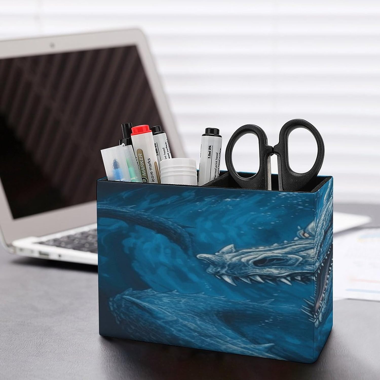 Dragon Cool Blue Pen Holder Double Compartments Pen Cup Fashion Makeup Brush Holders Leather Pencil Holder for Work Locker Accessories Modern Pencil Cup for Desk Organizer image 5