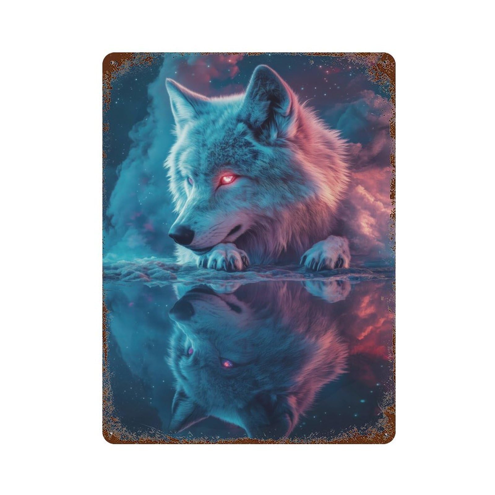 Wolf Reflection Decorative Tin Sign 15.7"x11.8", for Bistro, Counter And Cafe Decor, Classic Wall Plaque