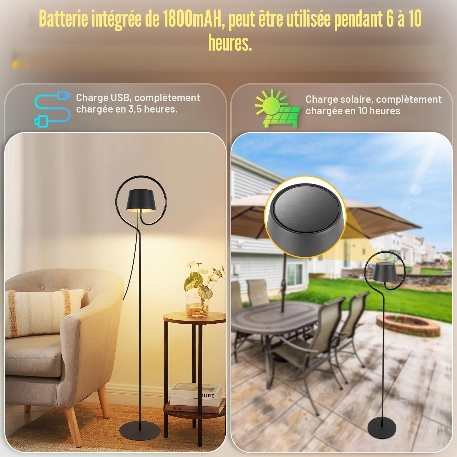Homefire Lampadaire LED pour salon à intensité variable 120 cm - Lampadaire solaire d'extérieur avec batterie USB-C rechargeable - Moderne - Sans fil - 3000 K-6500 K - Hauteur réglable - Pour chambre
