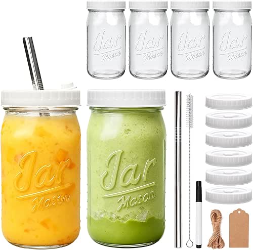 Mapoxy 6-Pack Mason Jars Cups with Plastic Lids & Straws,