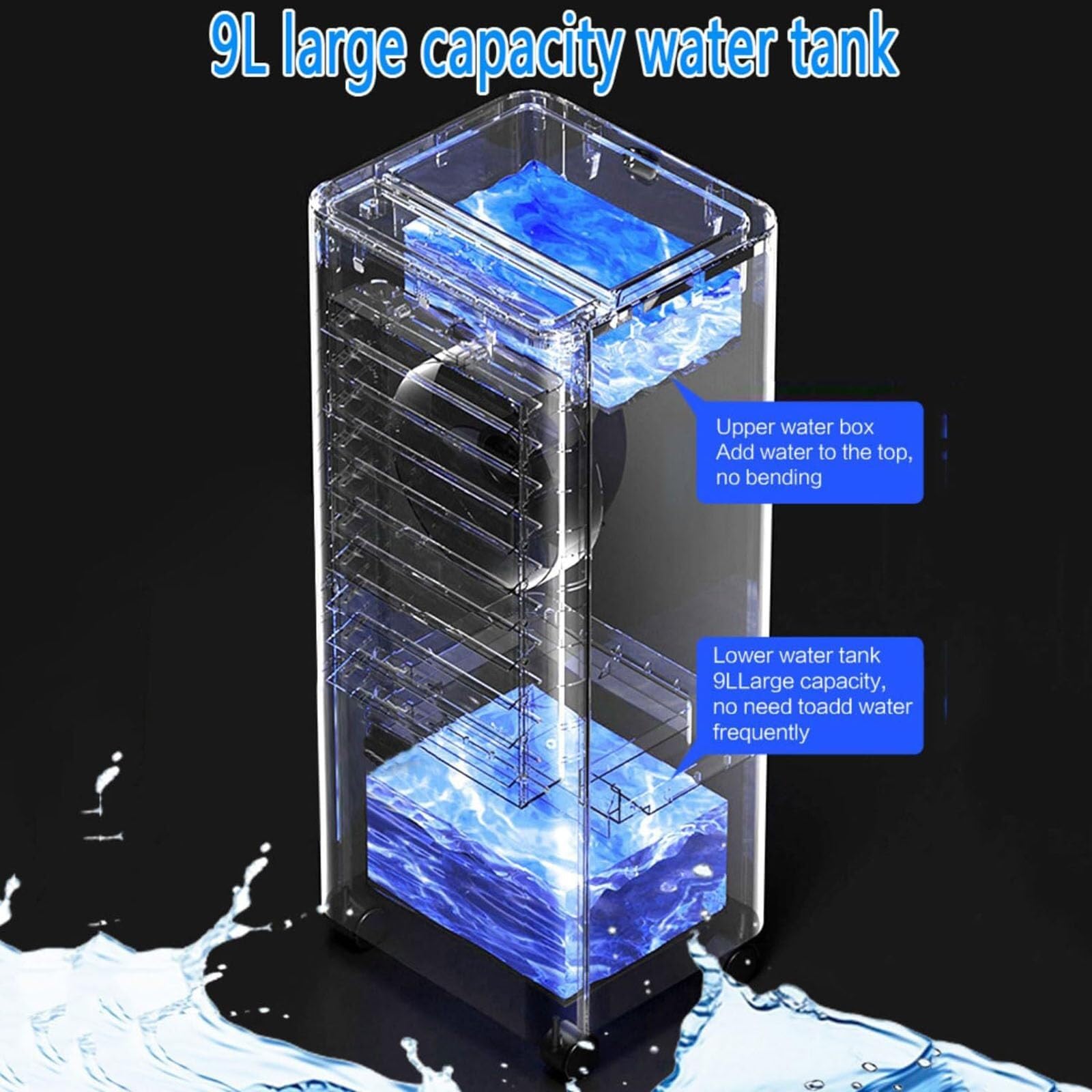 Przenośny klimatyzator 9 l, wentylator z nawilżaczem i oczyszczaczem | 3 prędkości, 3 tryby, oscylacja 90°, timer 8h, cicha 30 dB, bez węża, oszczędność 70% energii (biały)