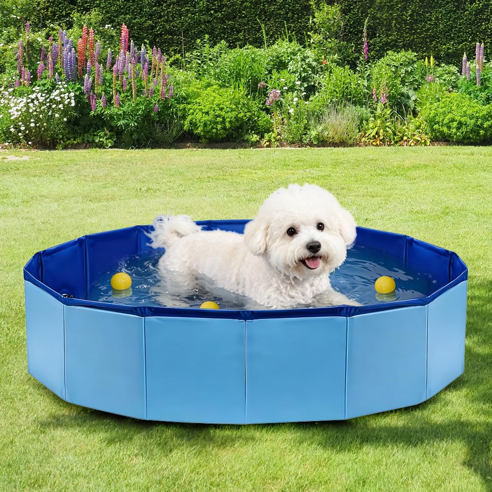 Piscina Plegable para Perros, 80 x 20 cm Piscina para Perros, Portátil Piscina para Perros Pequeños con Válvula de Drenaje, para Interior o Exterior Segura Antideslizante (Azul)