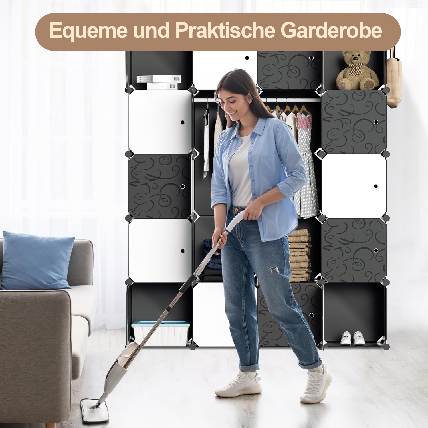 Herrselsam DIY Kleiderschrank Regalsystem 20 Würfel Garderobe Kleiderschrank Offen Kunststoff Garderobe mit Türen Garderobenschrank mit Kleiderbügel & Kleiderhaken(Schwarz und Weiß 175x140x35CM)