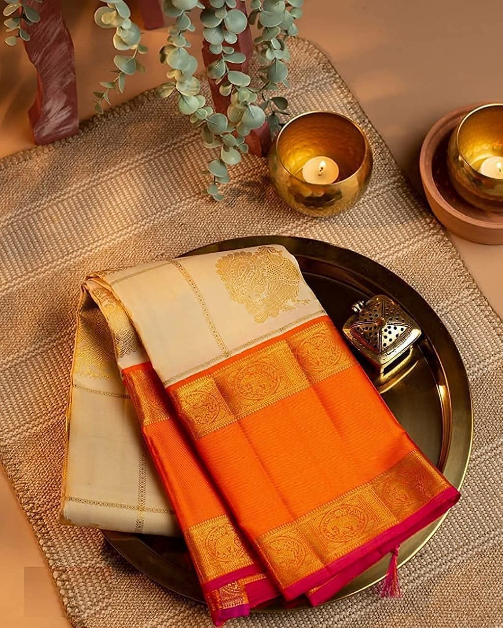 SGF11 Women's Kanjivaram Soft Lichi Silk Saree With Blouse Piece (Cream Orange)