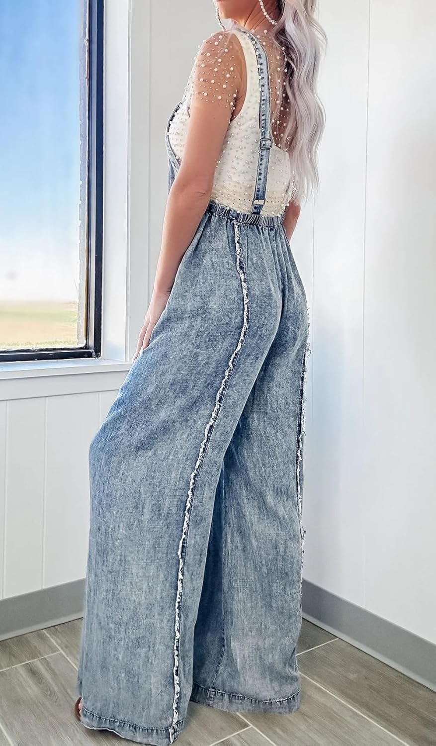 CHARTOU Women Loose Fit Denim Jumpsuit Adjustable Straps Wide Leg Long Pants Frayed Jean Overalls - Image 3