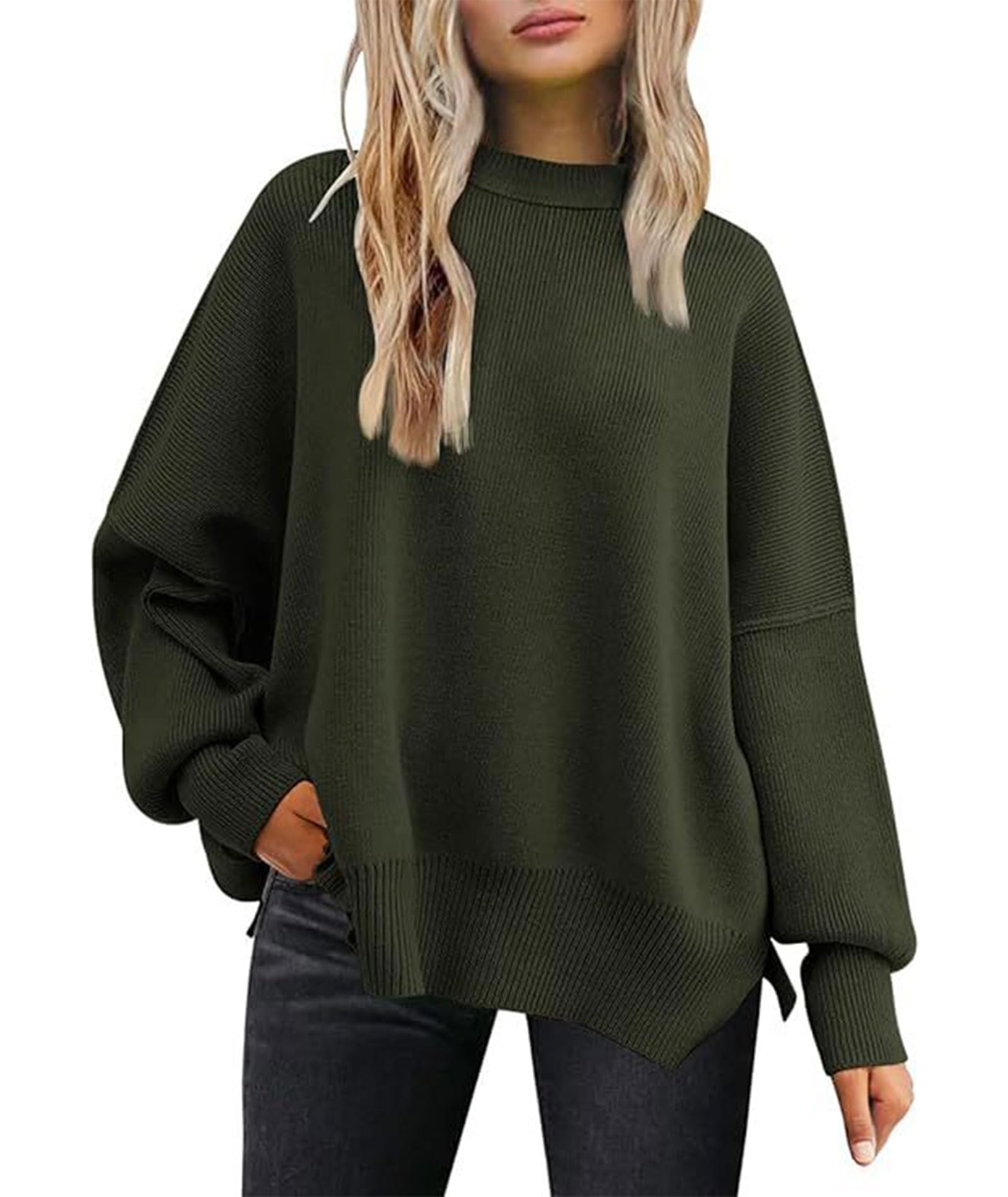 SEMATOMALA Women's Oversized Plain Batwing Sweaters Fall Winter Crewneck Trendy Pullover Knit Jumper Tops
