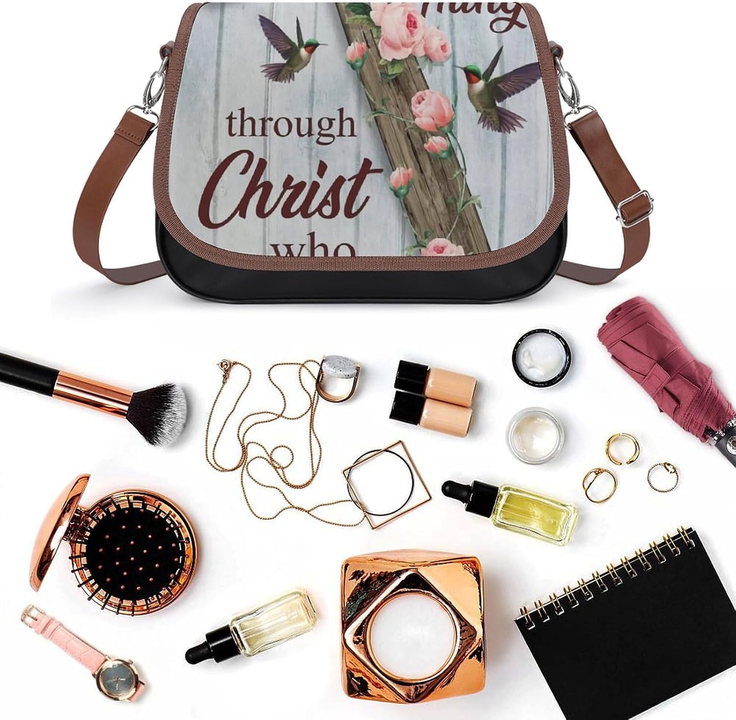 Philippians 4 13 with Flower CrossWomen's Faux Leather Crossbody Bag, Waterproof Wrinkle-Resistant Shoulder Bag with Detachable Strap, Large Capacity Casual Handbag, Fashion Daily Purse for Shopping W