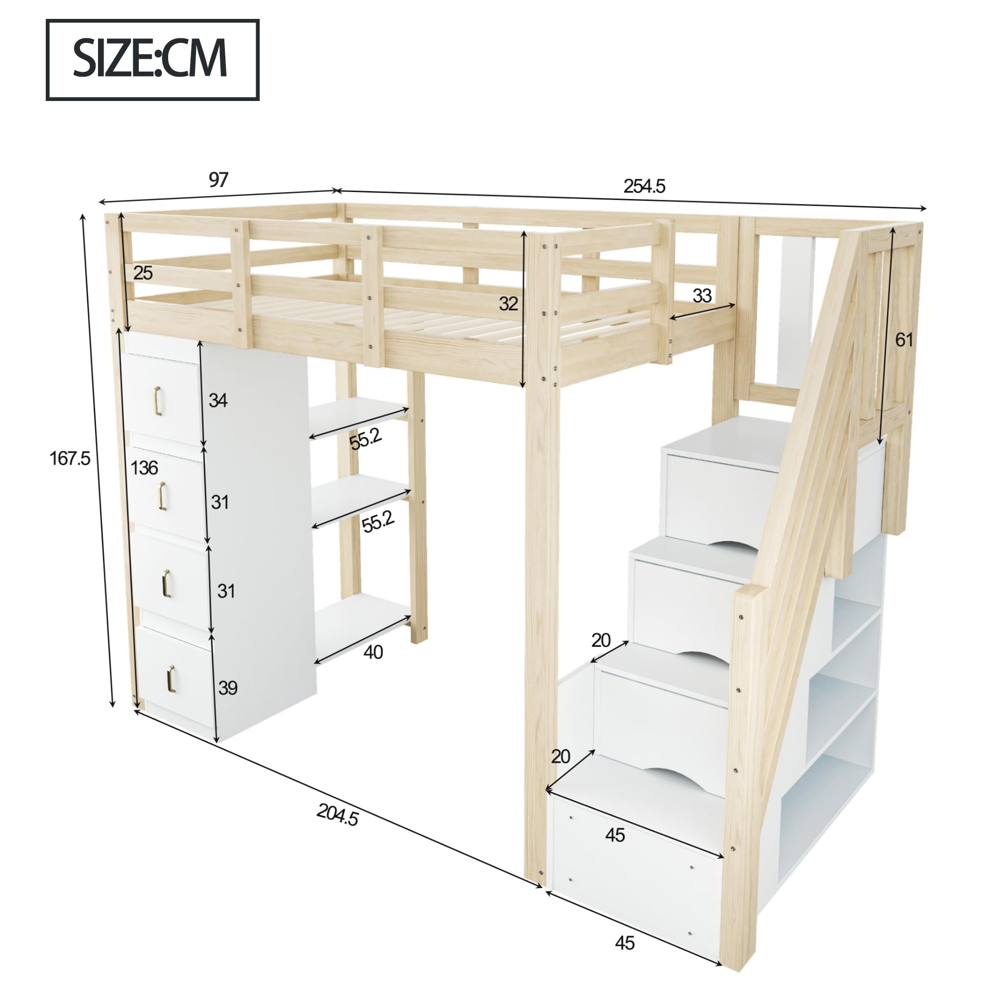 Cama alta 90 x 200 cm con cajones de almacenamiento, estantería de varios niveles, escalera segura, cama multifuncional de madera maciza, color madera natural