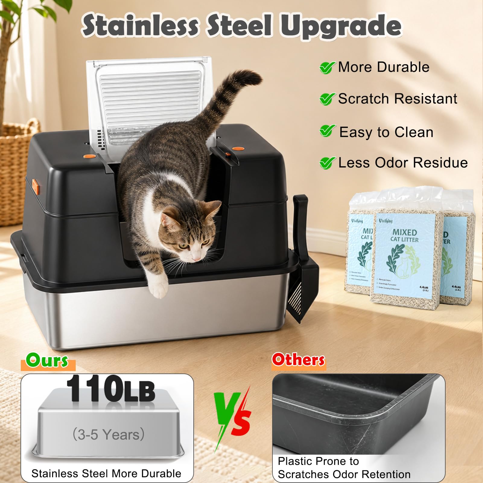 Vivifying XL Edelstahl Katzentoilette mit 6kg Katzenstreu, Schwarz