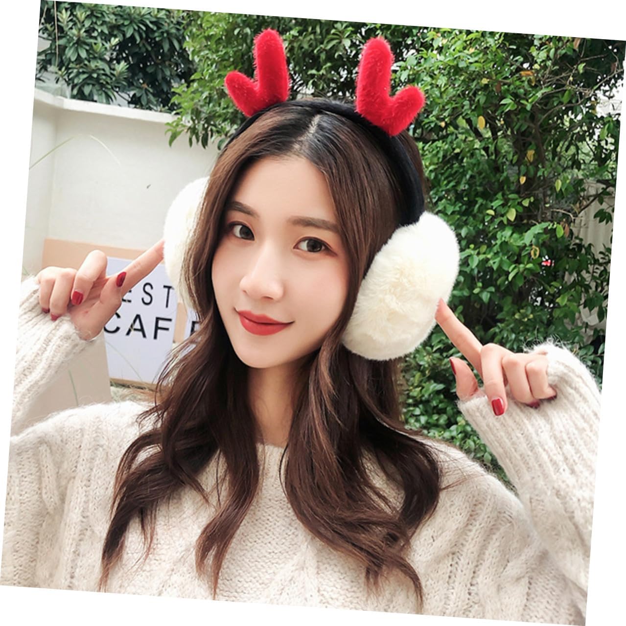 Alipis Ladies Winter Earmuffs Plush Ear Warmers with Foldable White Headband and Festive Antler Decor Soft Ear Covers for Outdoor Cold Weather