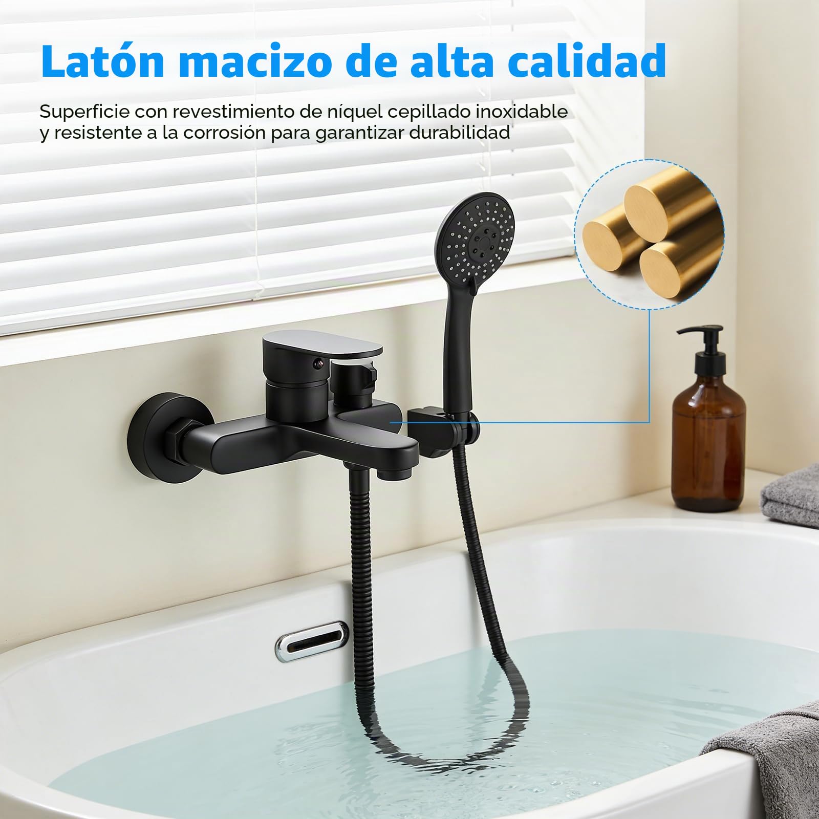 Grifo para Bañera y Ducha con Alcachofa de Mano | Mezclador Monomando de Latón Montado en La Pared, Alcachofa de Mano 3 Modos con Manguera de Acero Inoxidable 1.5m y Soporte