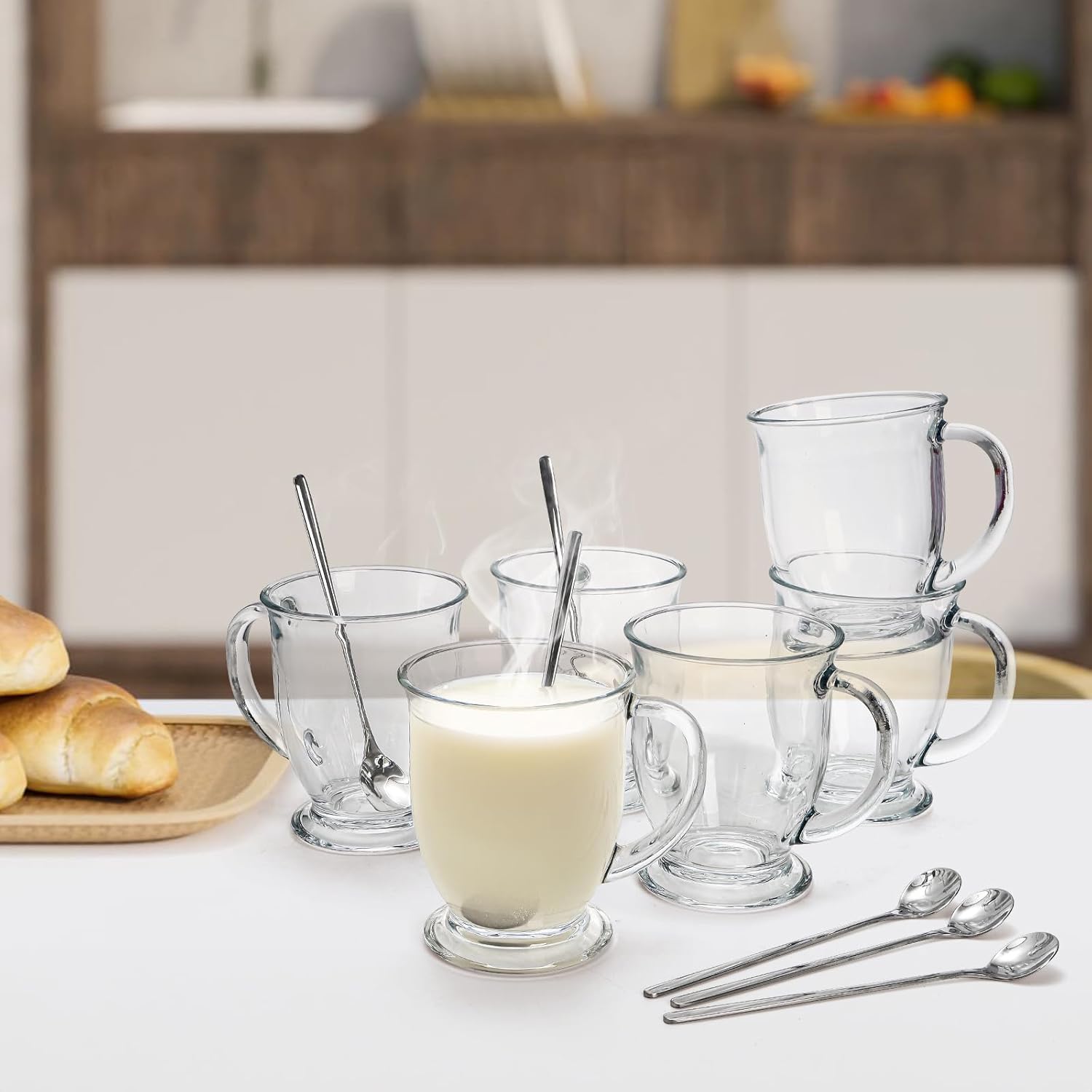 6 Pack Glass Coffee Mugs with 6 Spoons, 15 OZ Clear Drinking Glasses with Handle, Large Espresso Cup, Hot Cold Beverage Glassware Set for Water, Tea, Cappuccino, Latte, Juice, Cocoa, Milk